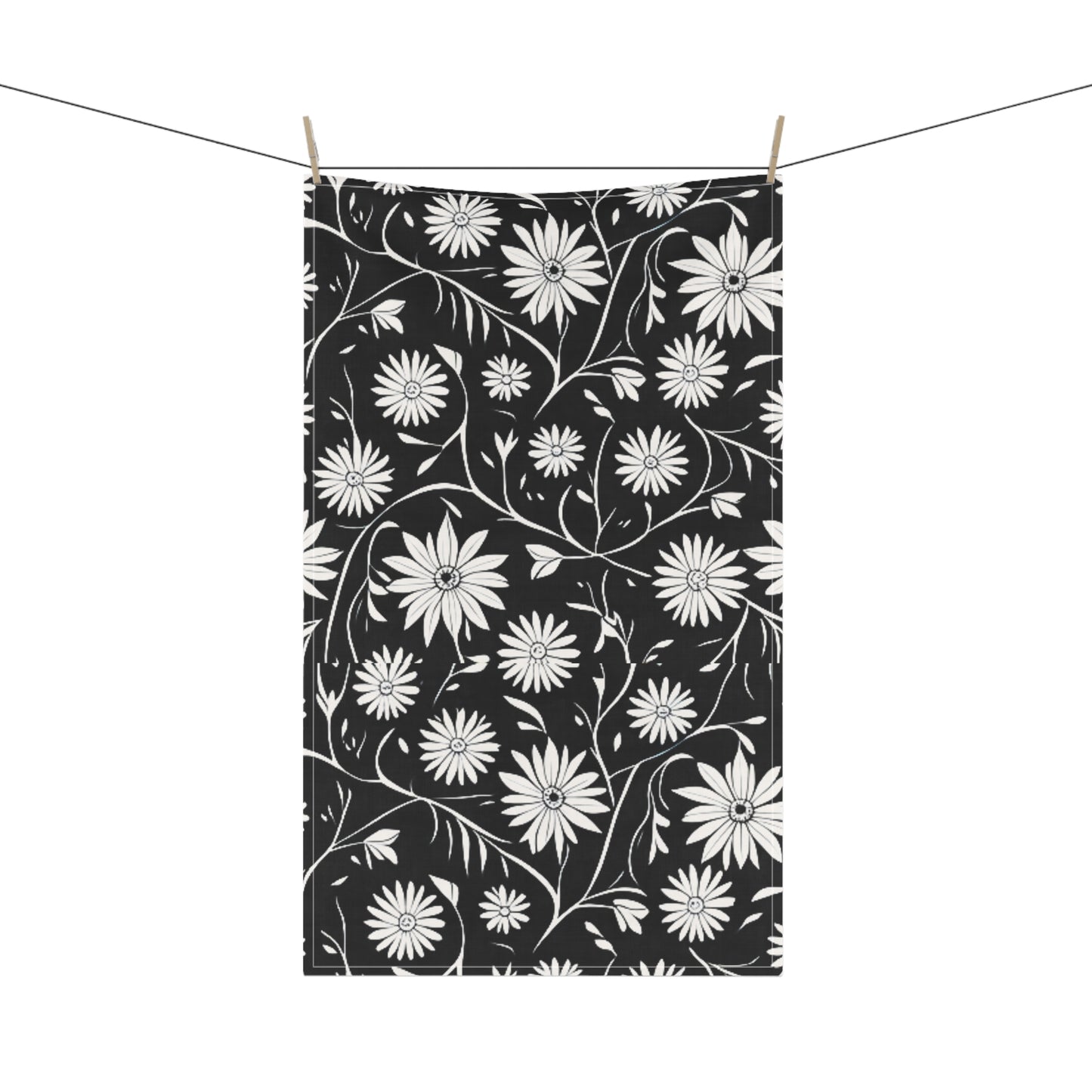 Field of Scandinavian Black and White Daisies 1970S Floral Pattern Decorative Kitchen Tea Towel/Bar Towel