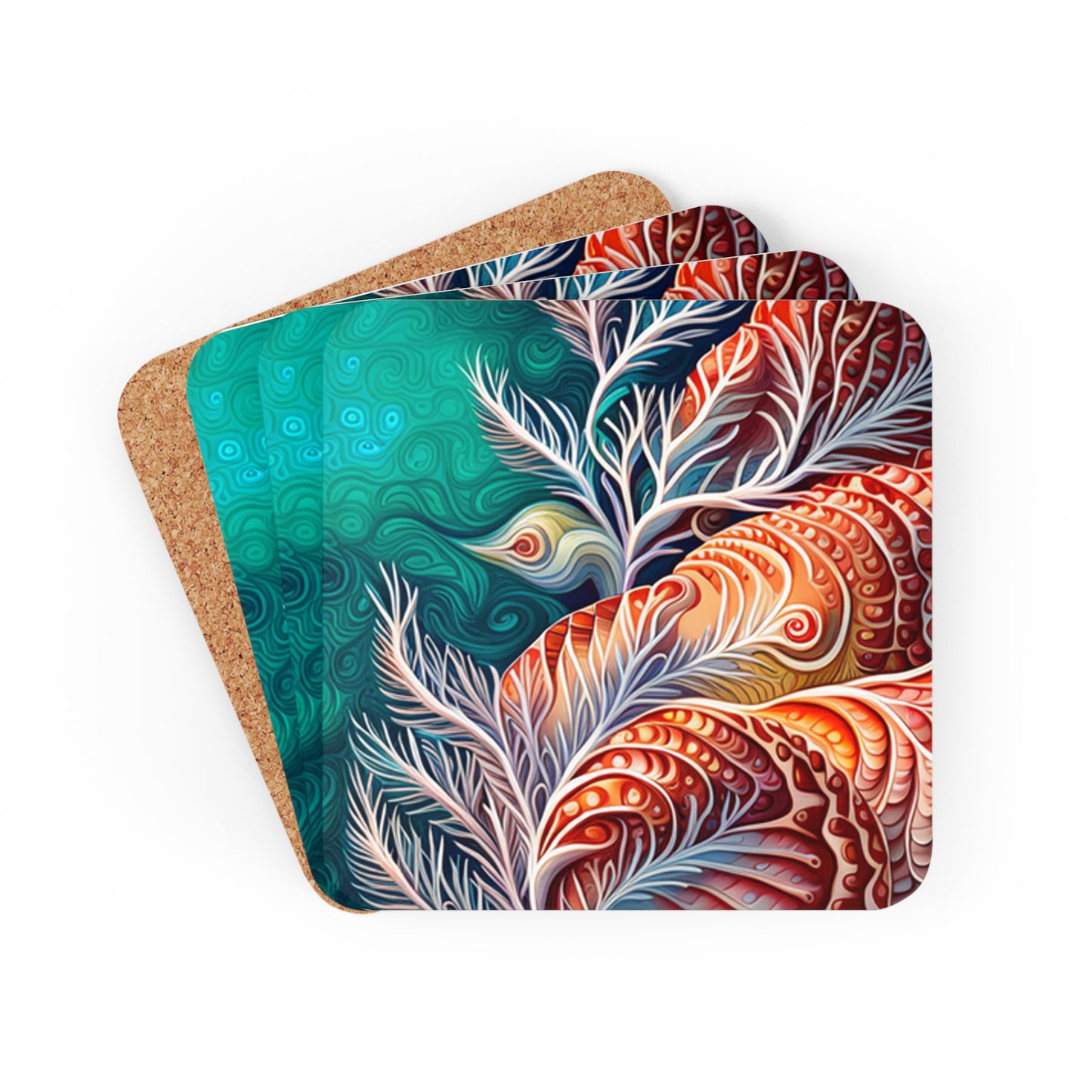 Coral Sea Ocean Life Art Cocktail Party Coastal Entertaining Coastal Corkwood Coaster Set