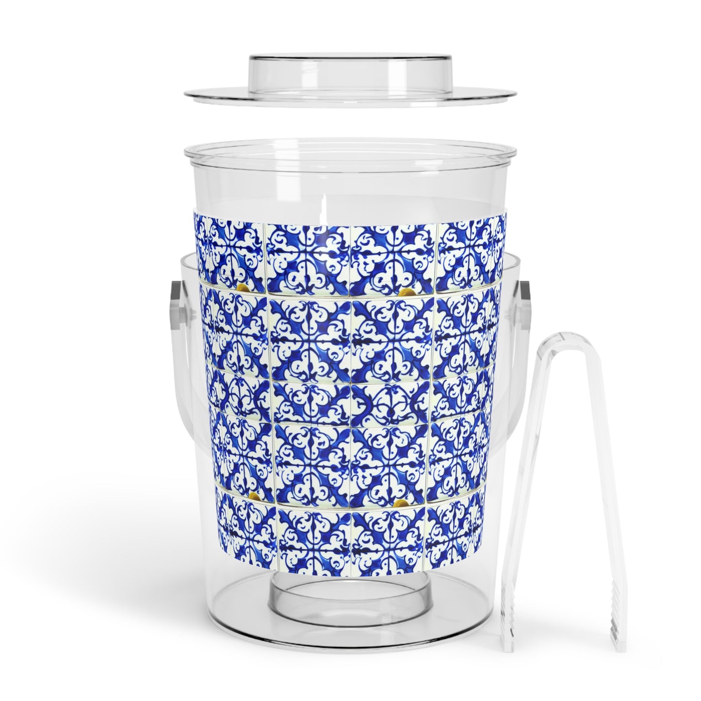 Blue and White Iron Gate Pattern Vintage Portugal Patio Entertaining Outdoor Ice Bucket with Tongs