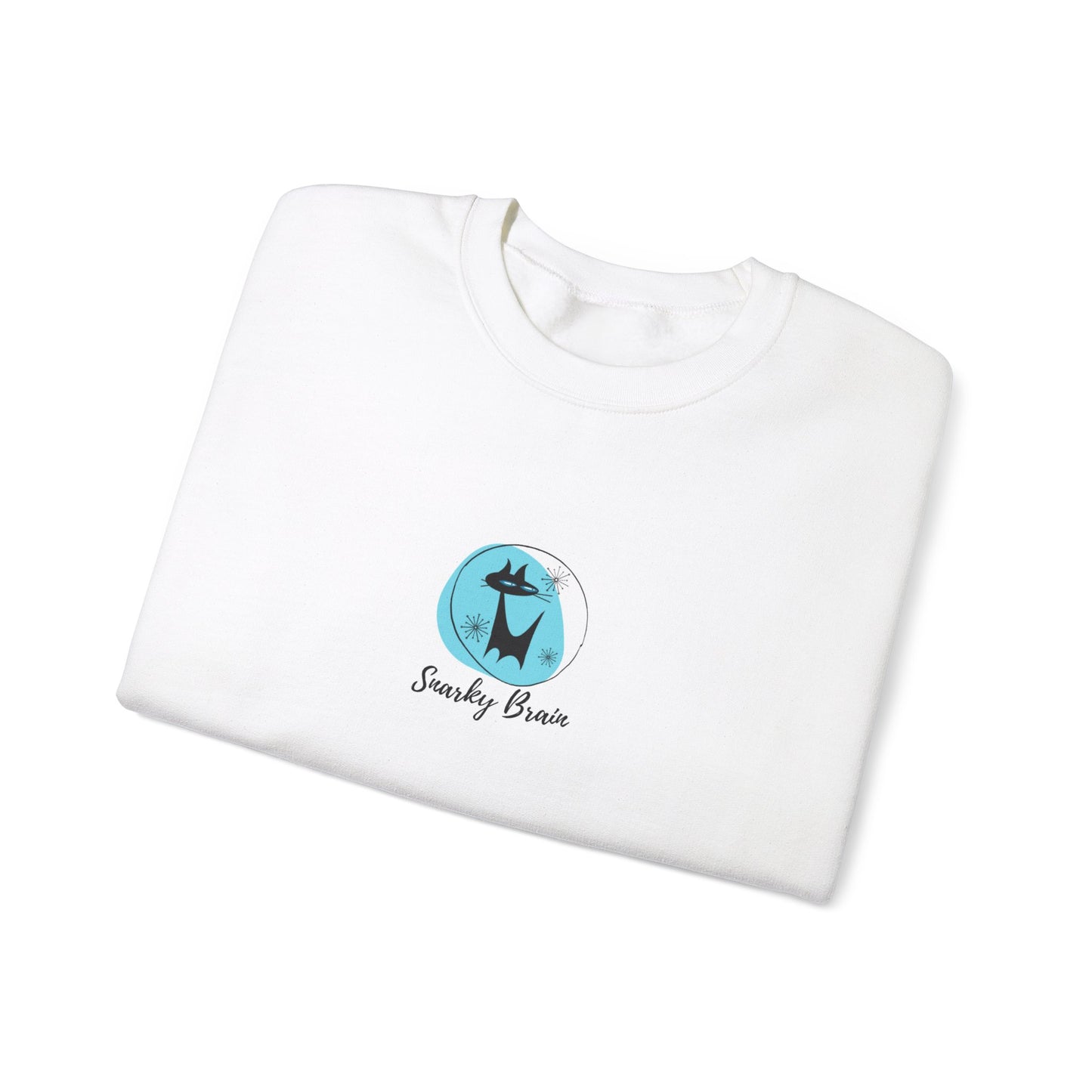 Snarky Brain Logo Midcentury Modern Atomic Cat Turquoise Adult Unisex Heavy Blend™ Crewneck Sweatshirt