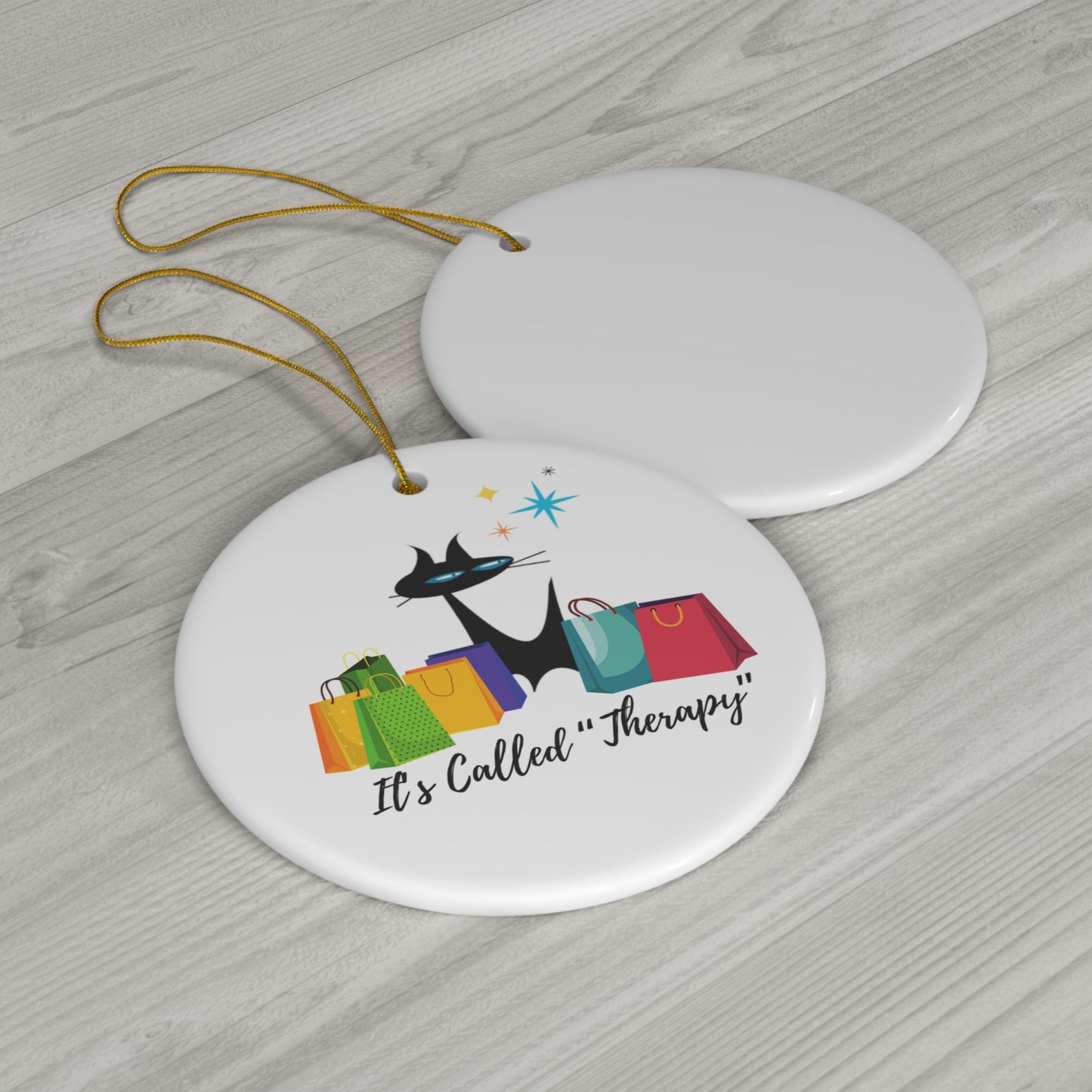 It's Called Therapy Midcentury Modern Atomic Black Cat Retail Shopping Ceramic Ornament