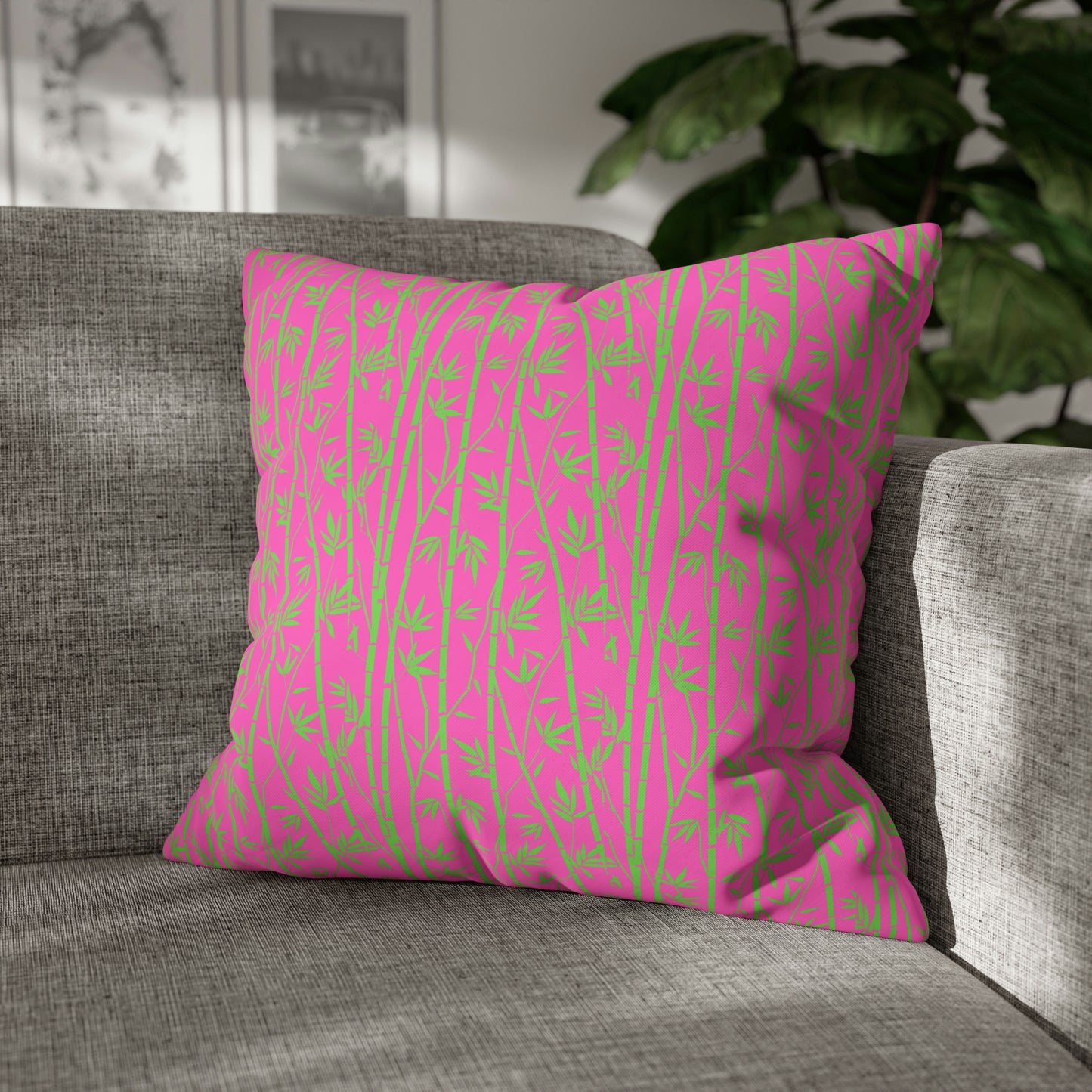 Bamboo Zen Meditation Garden Hot Pink Lime Green Decorative Spun Polyester Pillow Cover