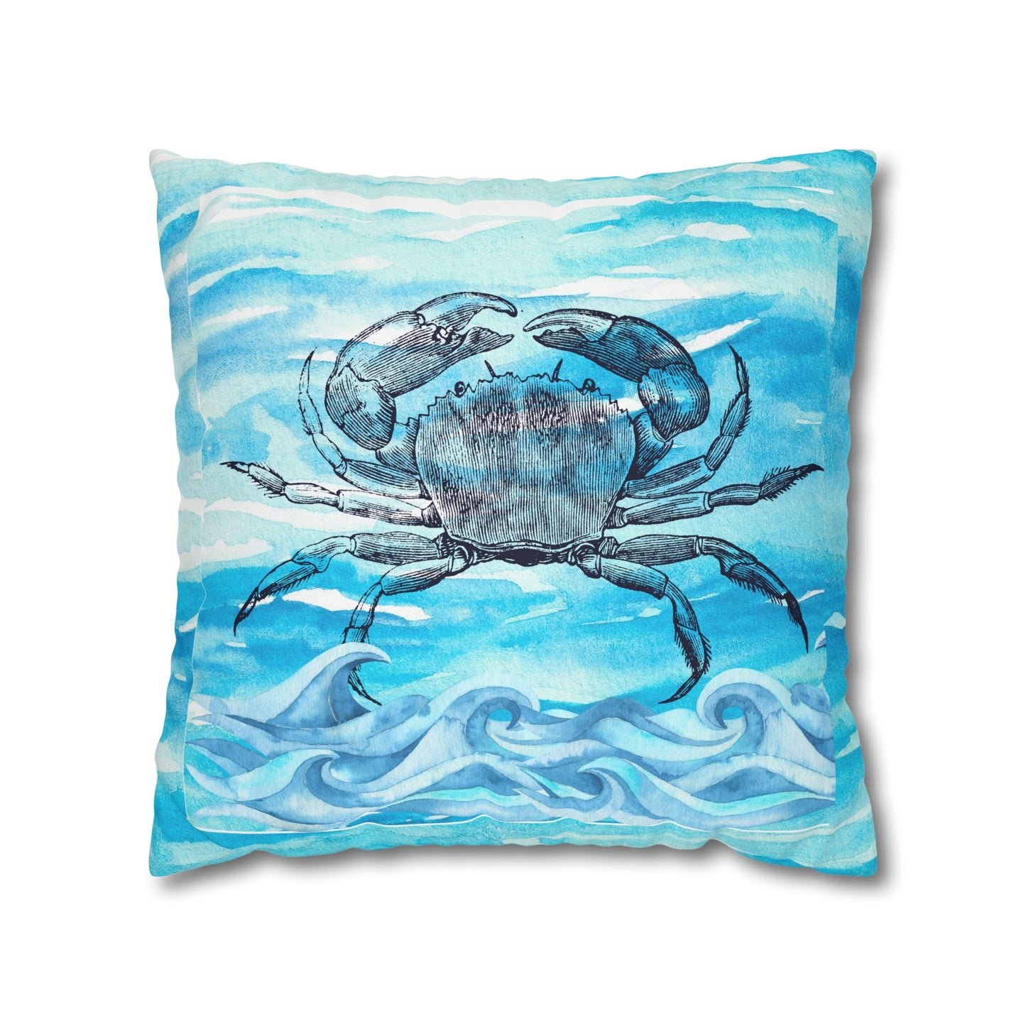 Coastal Summer Crab Watercolor Square Poly Canvas Pillow Cover