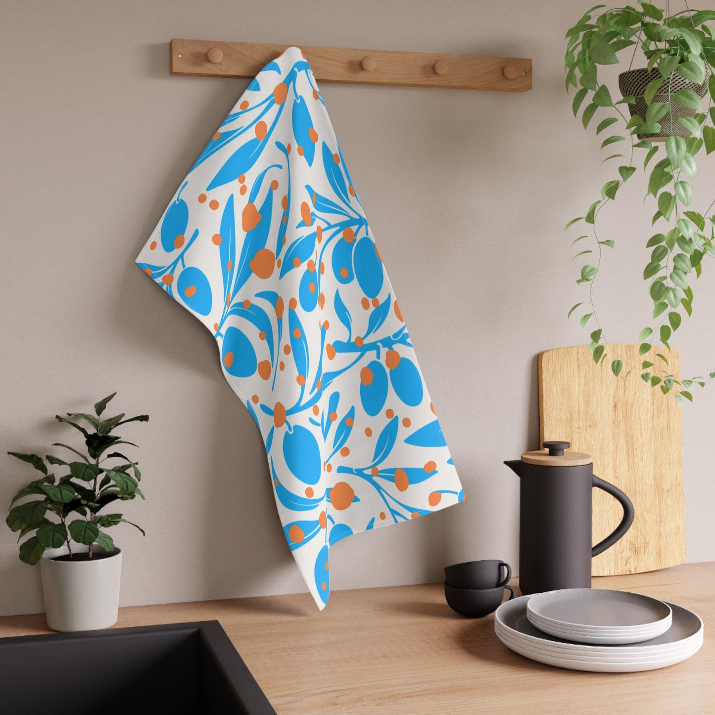 Olive Branches Midcentury Modern Blue and Orange Pattern Decorative Kitchen Tea Towel/Bar Towel