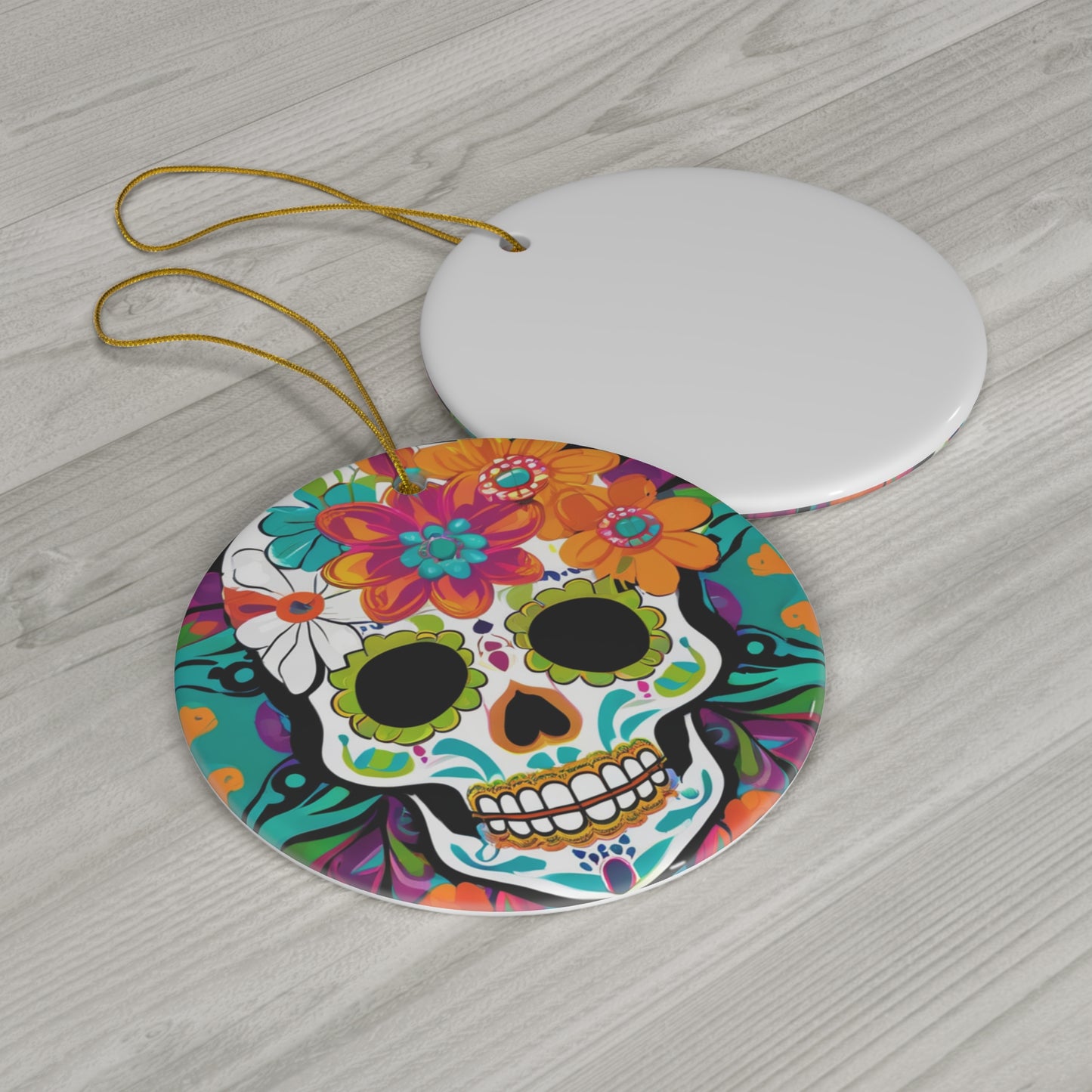Day of the Dead Flower Power Skull Ceramic Ornament