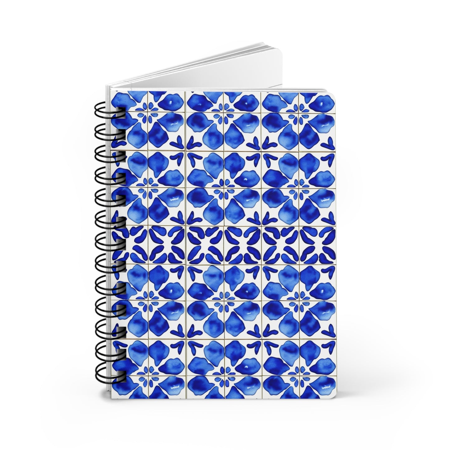 Italian Cucina Blue and White Watercolor Tile Pattern Decorative Writing Sketch Travel Foodie Spiral Bound Journal