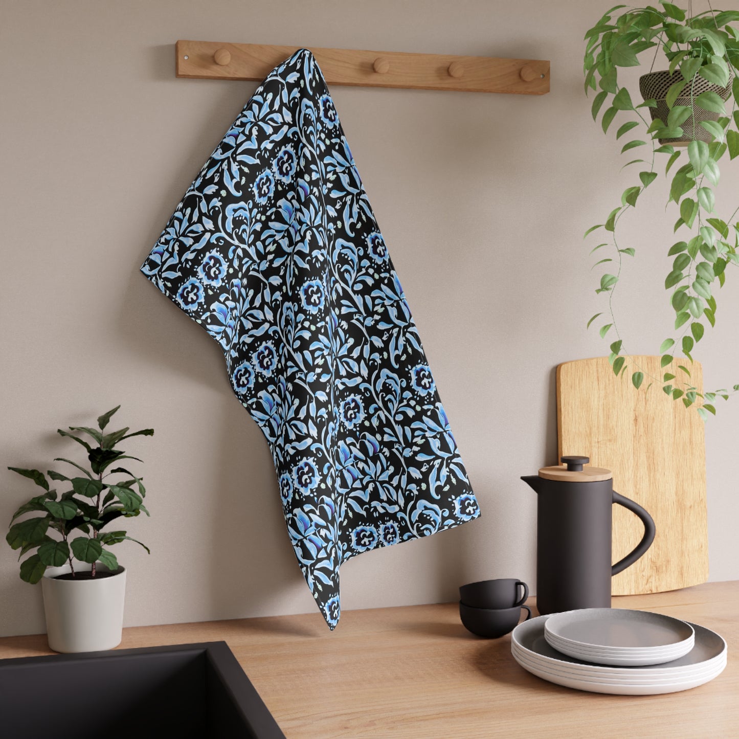 Blue Tropical Island Flower Batik Pattern Decorative Kitchen Tea Towel/Bar Towel