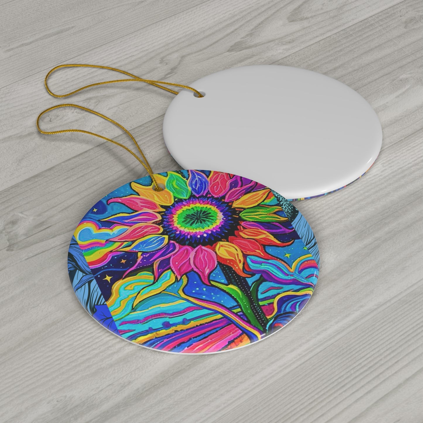 Electric Sunflower Collage Ceramic Ornament