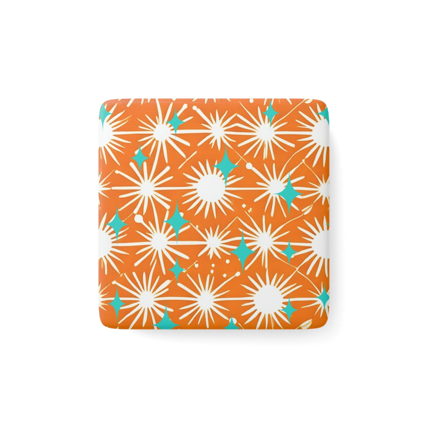 Midcentury Modern Starbursts Orange Porcelain Magnet, Square