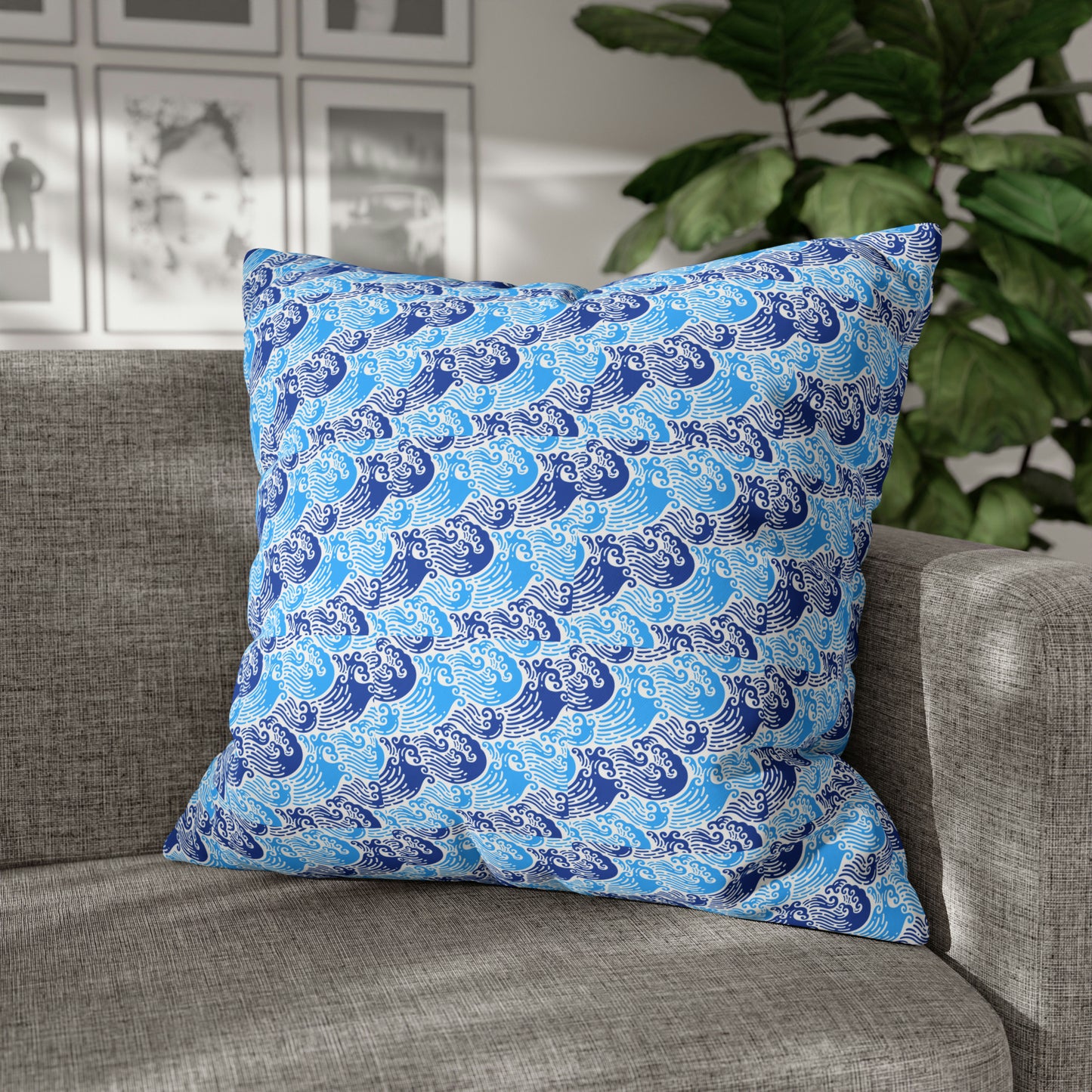 Ming Dynasty Waves Blue and White Chinese Woodblock Print Spun Polyester Pillow Cover
