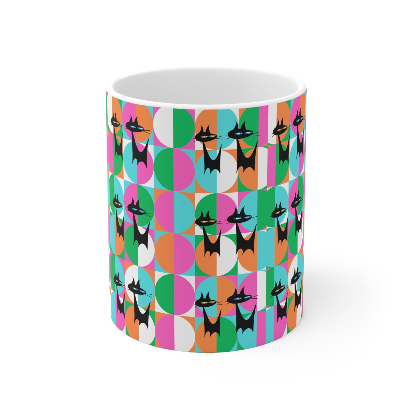 Mod Cats Midcentury Modern Atomic Black Cat Hot Beverage Coffee Tea Decorative Ceramic Mug 11oz