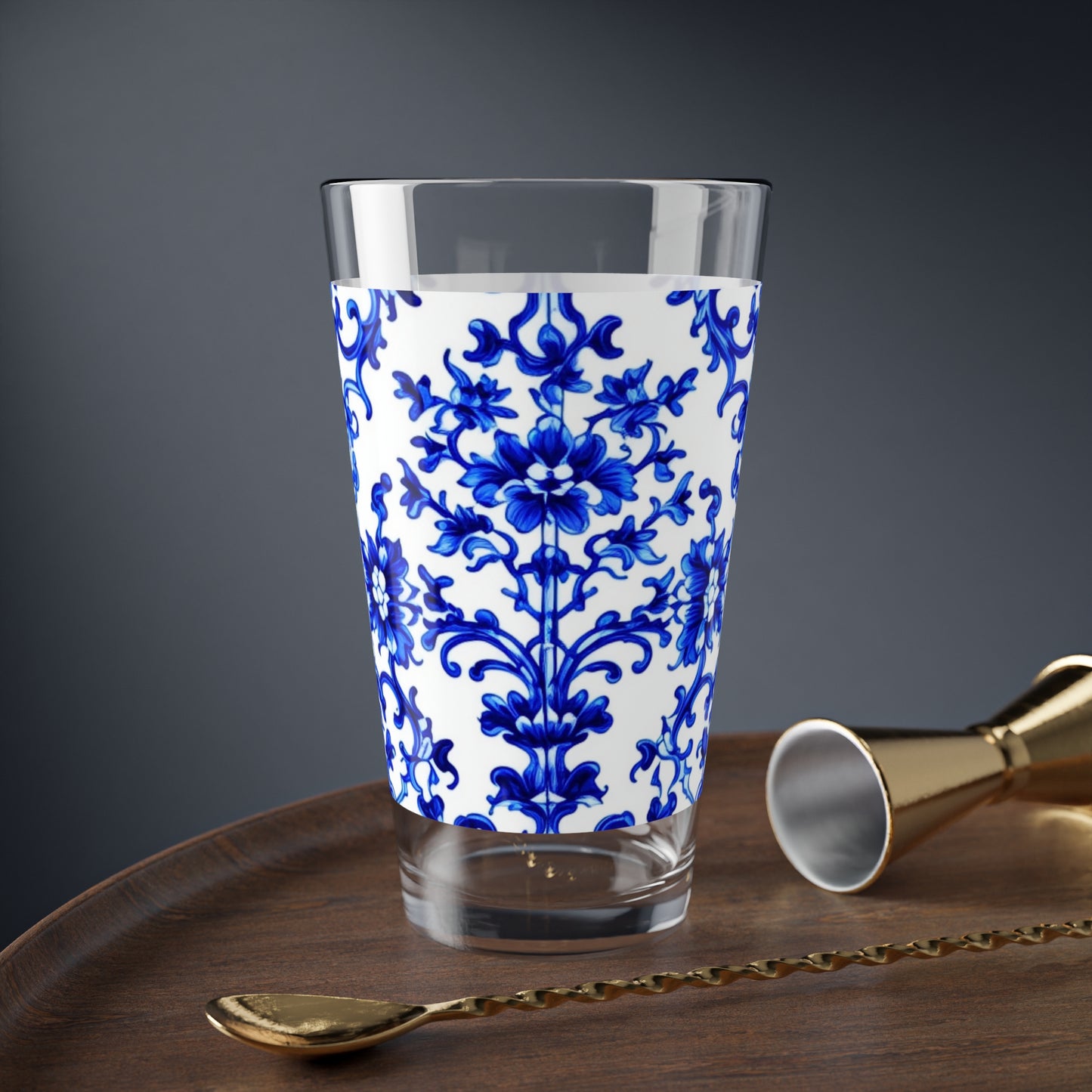 Portuguese Blue and White Tile Pattern Cocktail Party Tea Beverage Entertaining Mixing Glass, 16oz