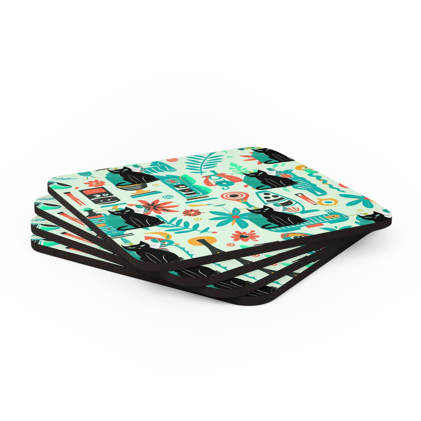 Kitty Flora and Fauna Midcentury Modern Kitchen Wallpaper Pattern Aqua Black 1950s House Cat Cocktail Party Corkwood Coaster Set