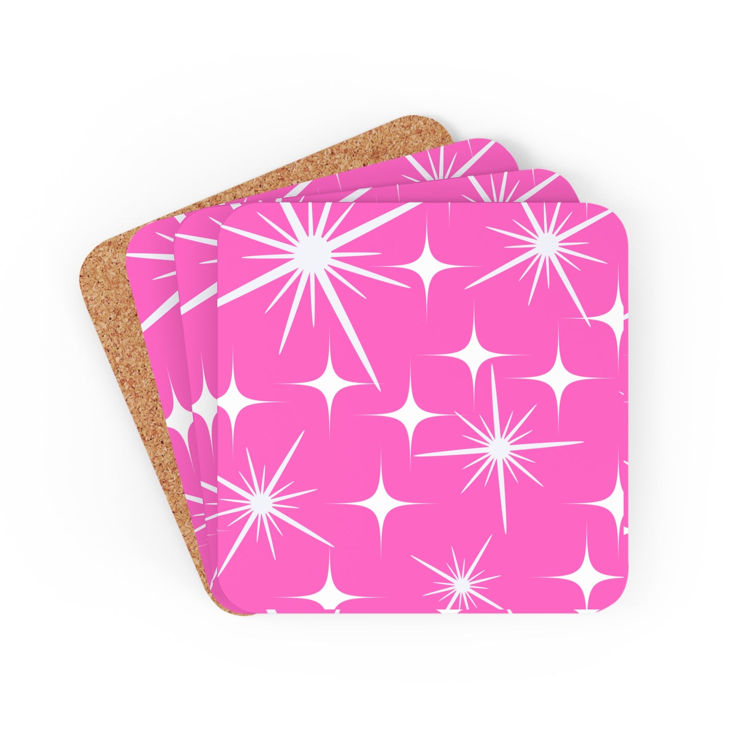 Midcentury Modern Stars Pink Cocktail Party Beverage Entertaining Corkwood Coaster Set