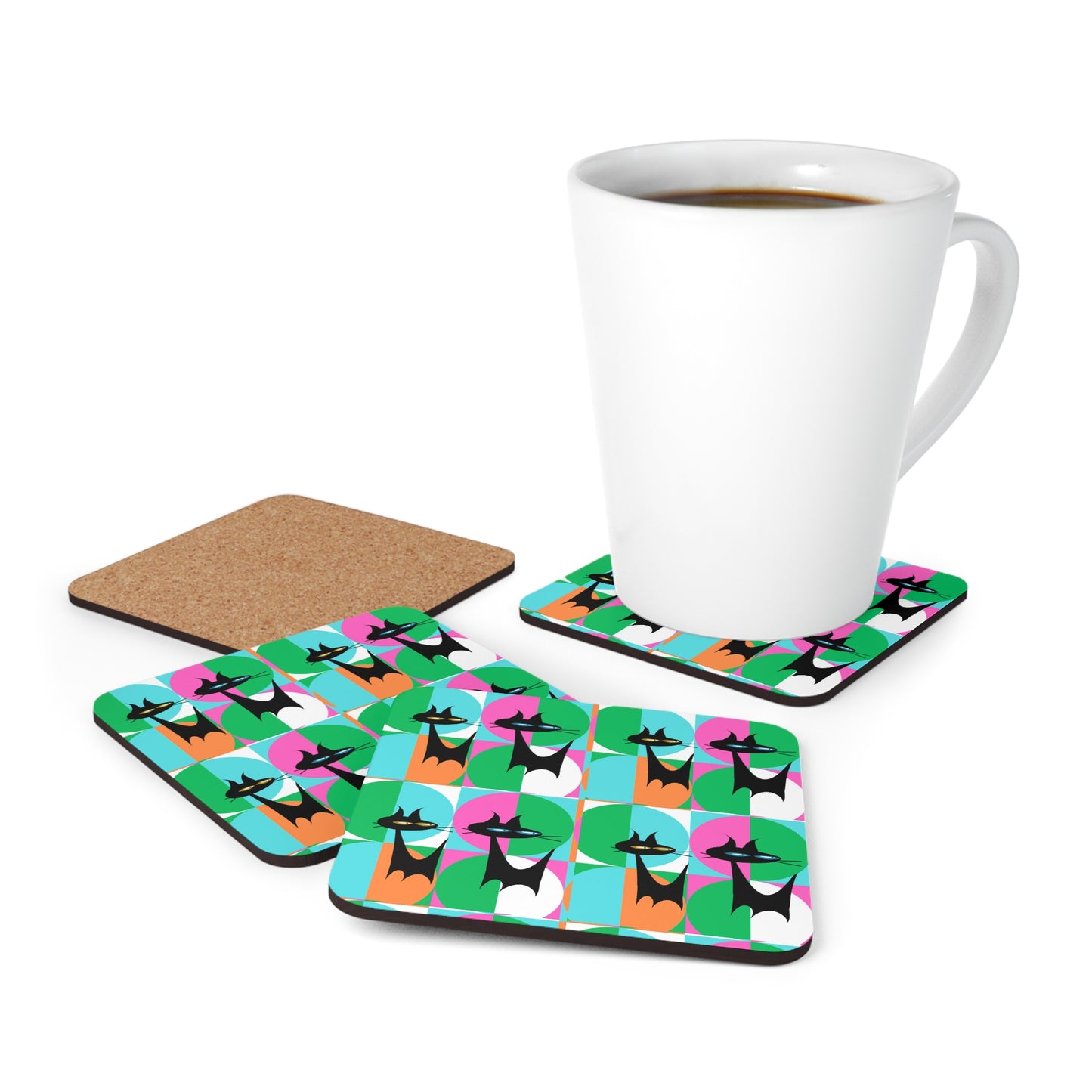 Mod Cats Midcentury Modern Atomic Black Cats Cocktail Party Beverage Entertaining Corkwood Coaster Set