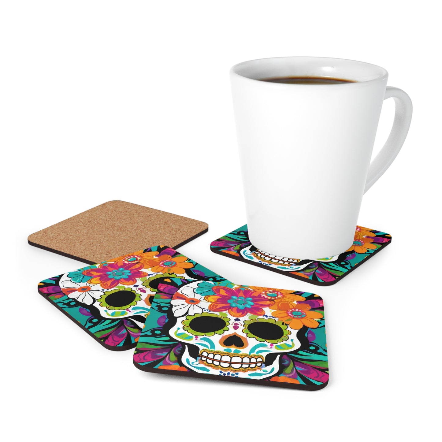Day of the Dead Flower Power Skull Christmas Festive Dia de los Muertos Cocktail Party Fiesta Entertaining Corkwood Coaster Set