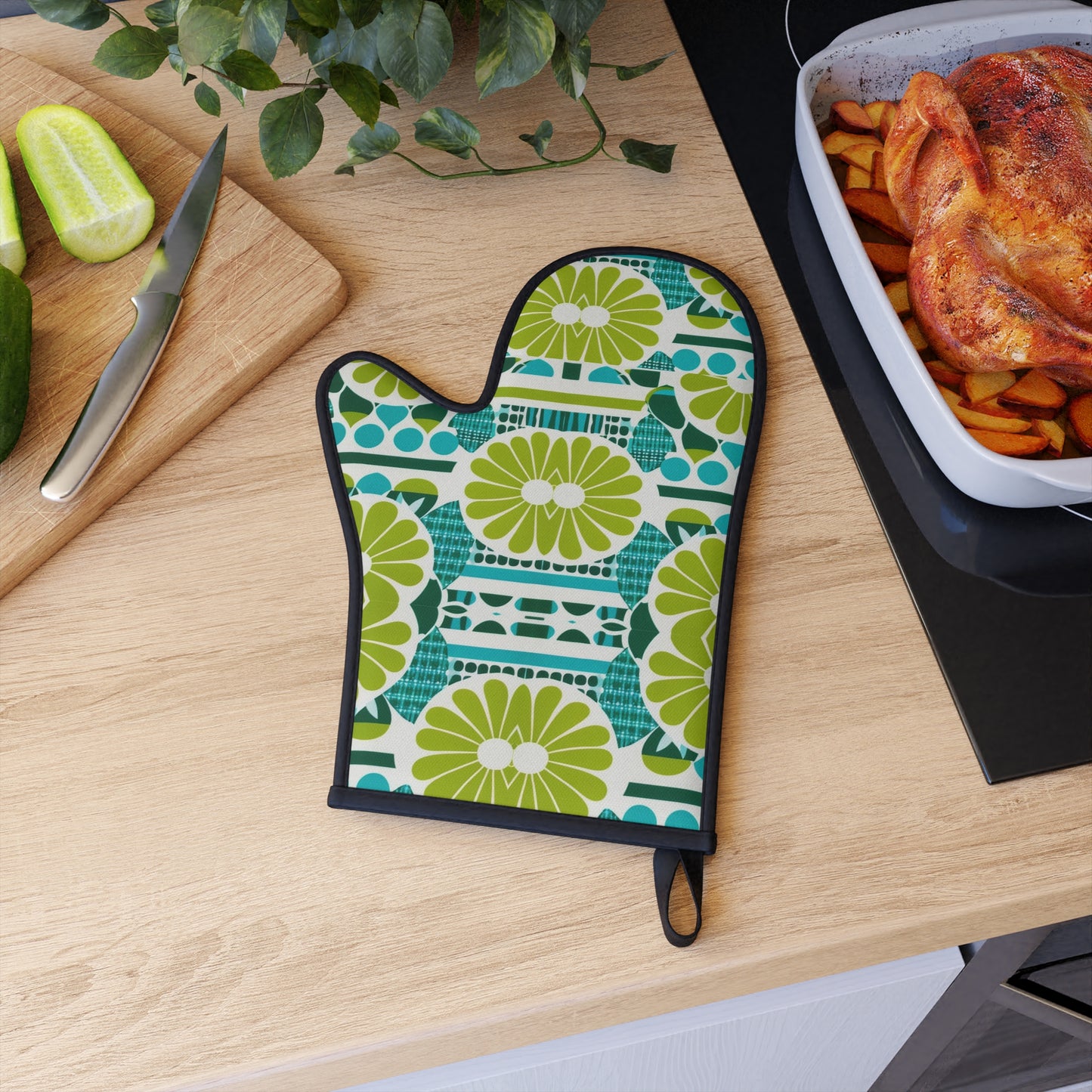 Coffee Klatch Midcentury Modern Aqua Citrus Pattern Entertaining Dinner Party Baking Oven Glove