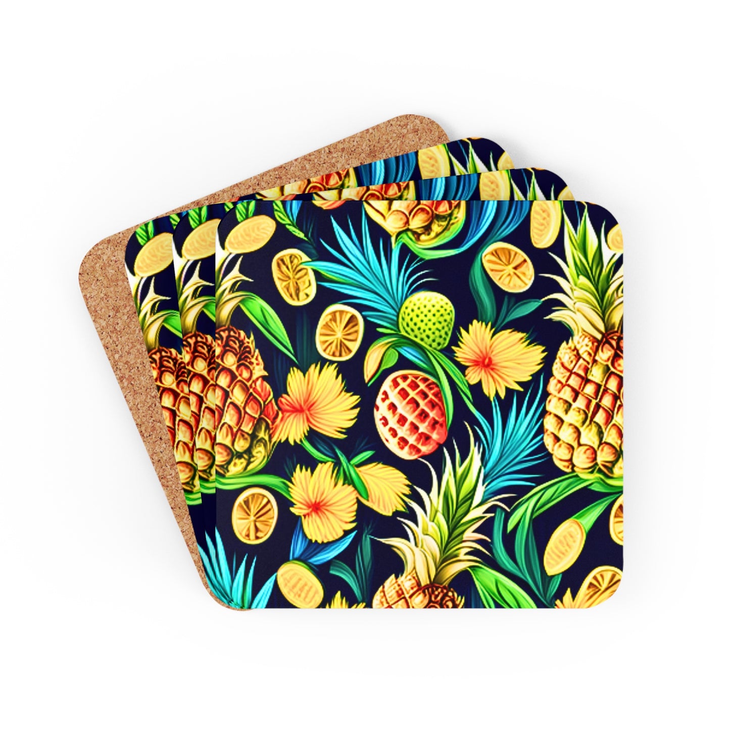 Pineapple Salad Midcentury Modern Kitsch Cocktail Party Beverage Entertaining Corkwood Coaster Set