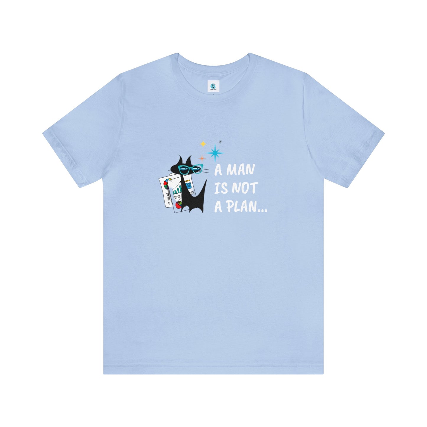 A Man is Not a Plan Midcentury Modern Atomic Black Cat Snarky Humor Unisex Jersey Short Sleeve Tee