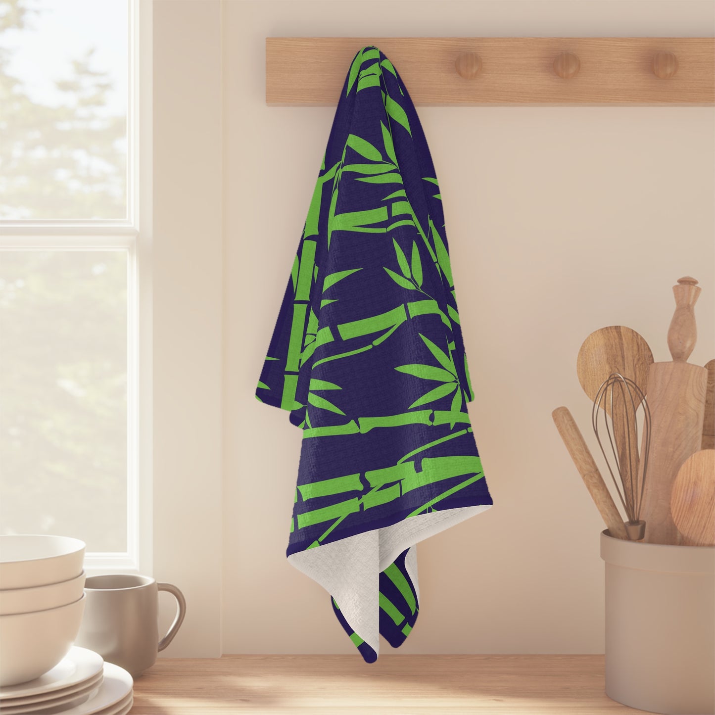 Bamboo Zen Meditation Garden Midnight Blue/Black Kitchen Decorative Waffle Microfiber Tea Towel/Bar Towel