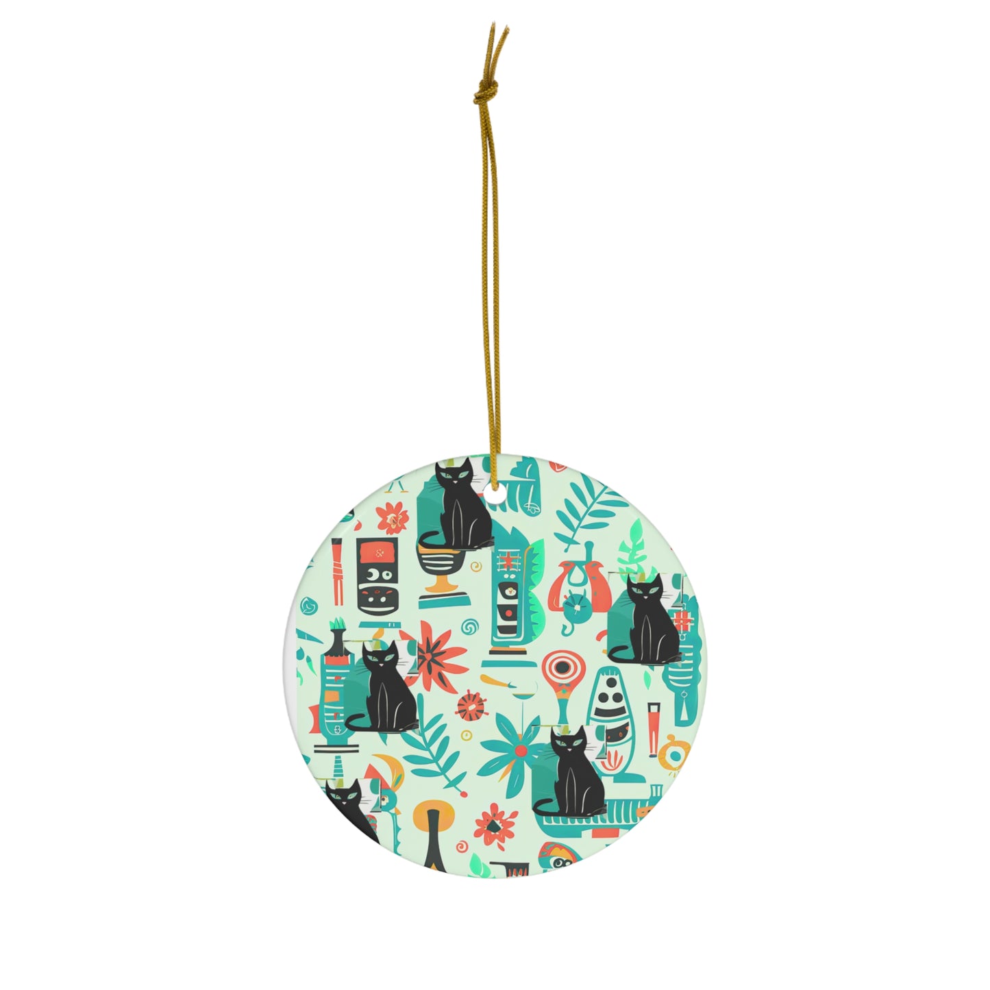 Kitty Flora and Fauna Midcentury Modern Kitchen Wallpaper Pattern Aqua Black 1950s House Cat Ceramic Ornament