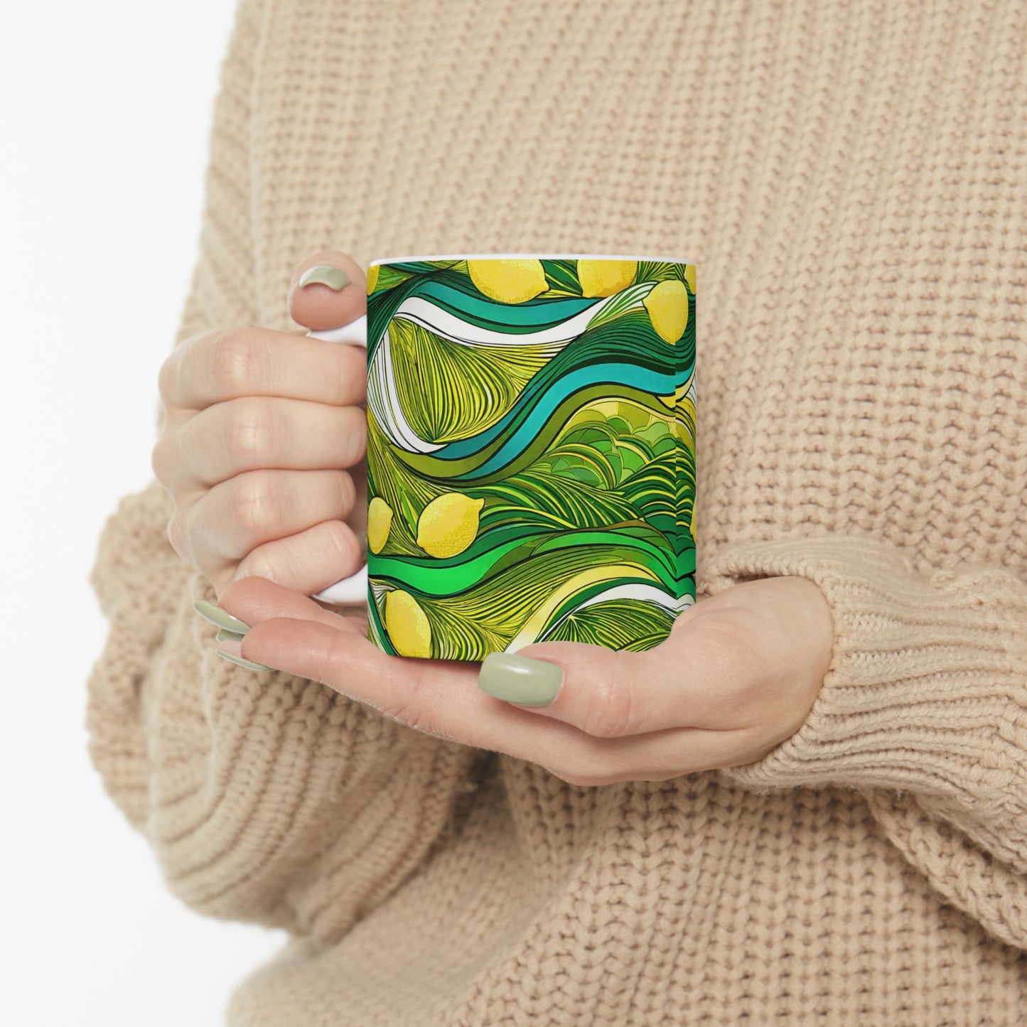 Modern Lemon Waves Hot Cold Coffee Tea Beverage Ceramic Mug 11oz