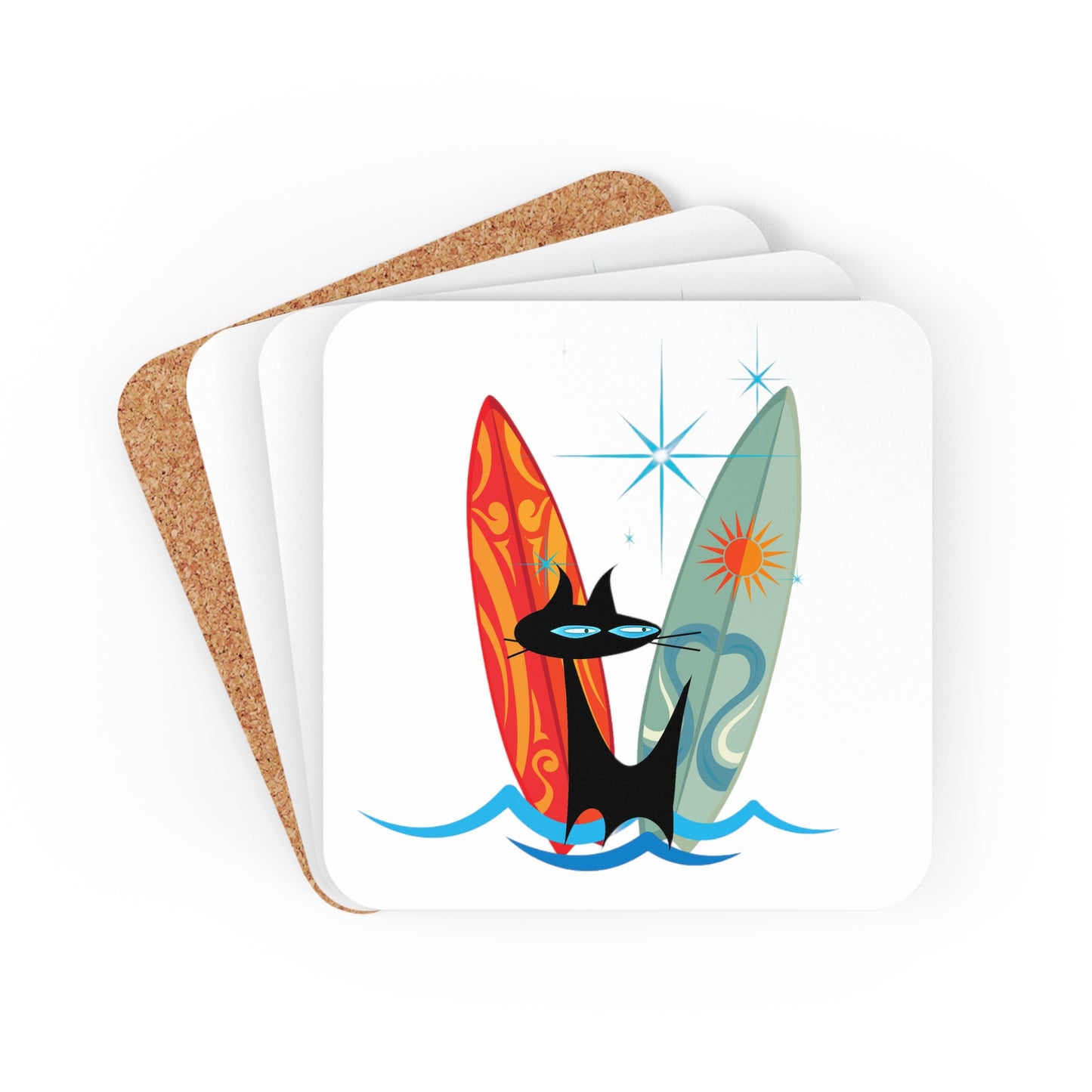 Snarky Surfing Midcentury Modern Atomic Black Cat Cocktail Party Beverage Entertaining Corkwood Coaster Set