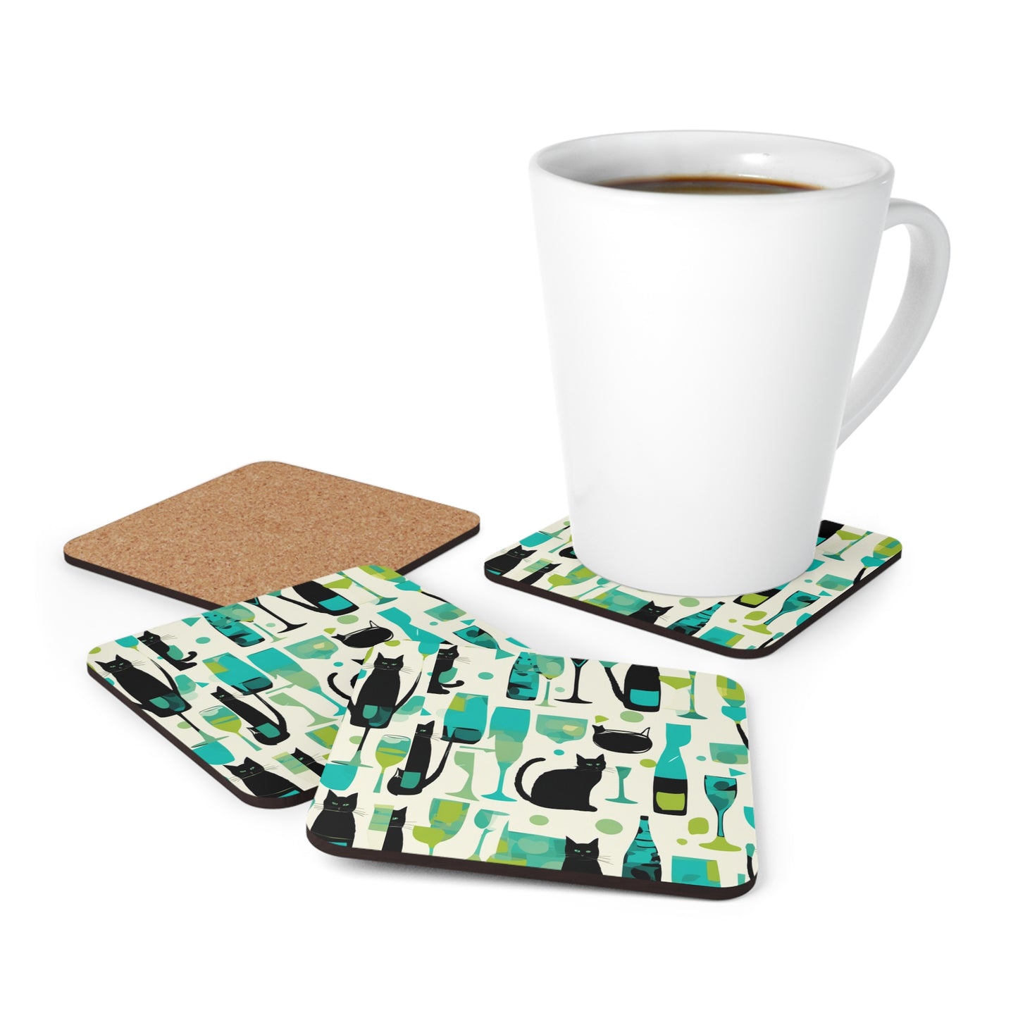 Cocktail Time Darling Midcentury Modern Atomic Black Cat Cocktail Party Beverage Entertaining Decorative Corkwood Coaster Set