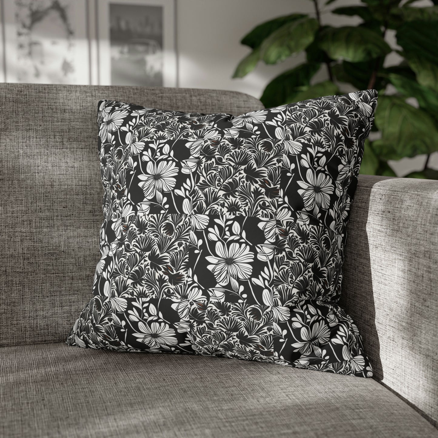 Black and White Floral Collage Pattern Decorative Spun Polyester Pillow Cover