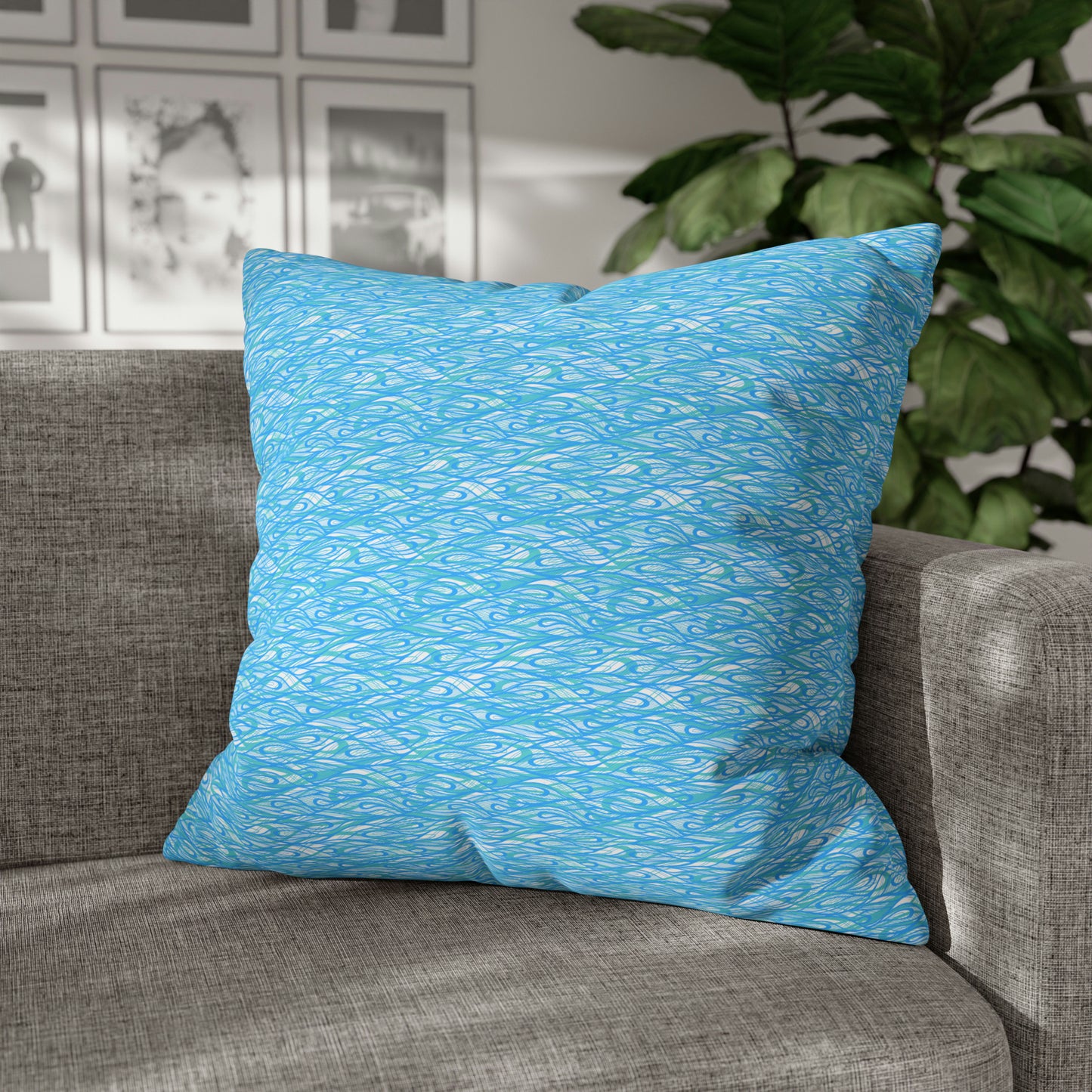 Wave Vibrations Turquoise Aqua Modern Coastal Pattern Decorative Spun Polyester Pillow Cover