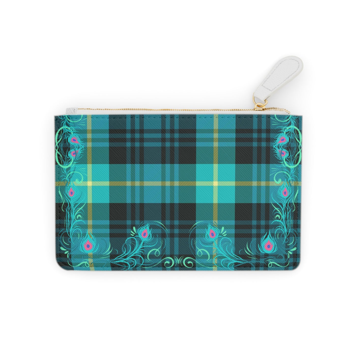 Tartan Plaid Peacock Feather Coin Purse Lipstick Pouch Mini Clutch Bag