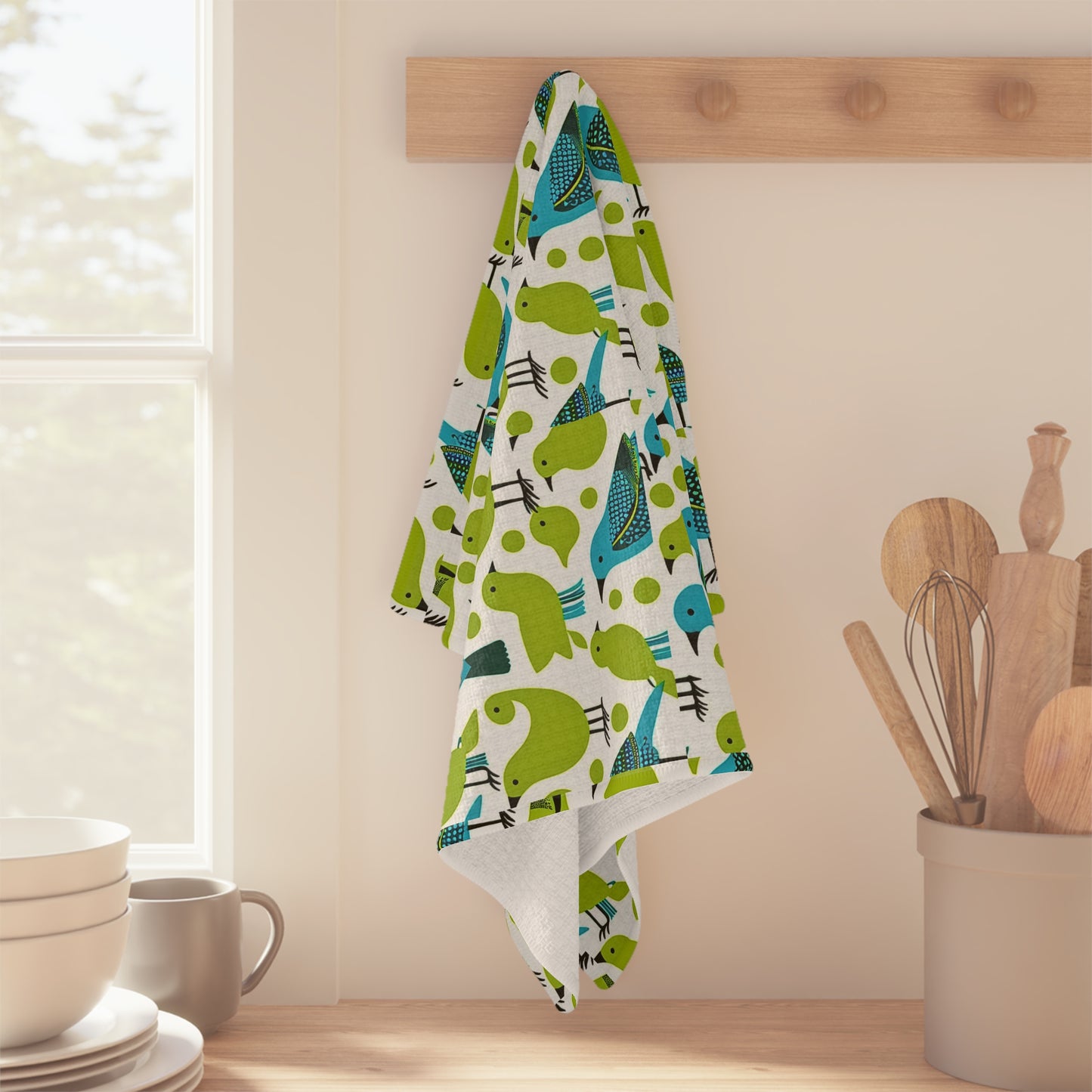 Springtime Birds in the Piazza Midcentury Modern Pattern Kitchen Waffle Microfiber Tea Towel/Bar Towel
