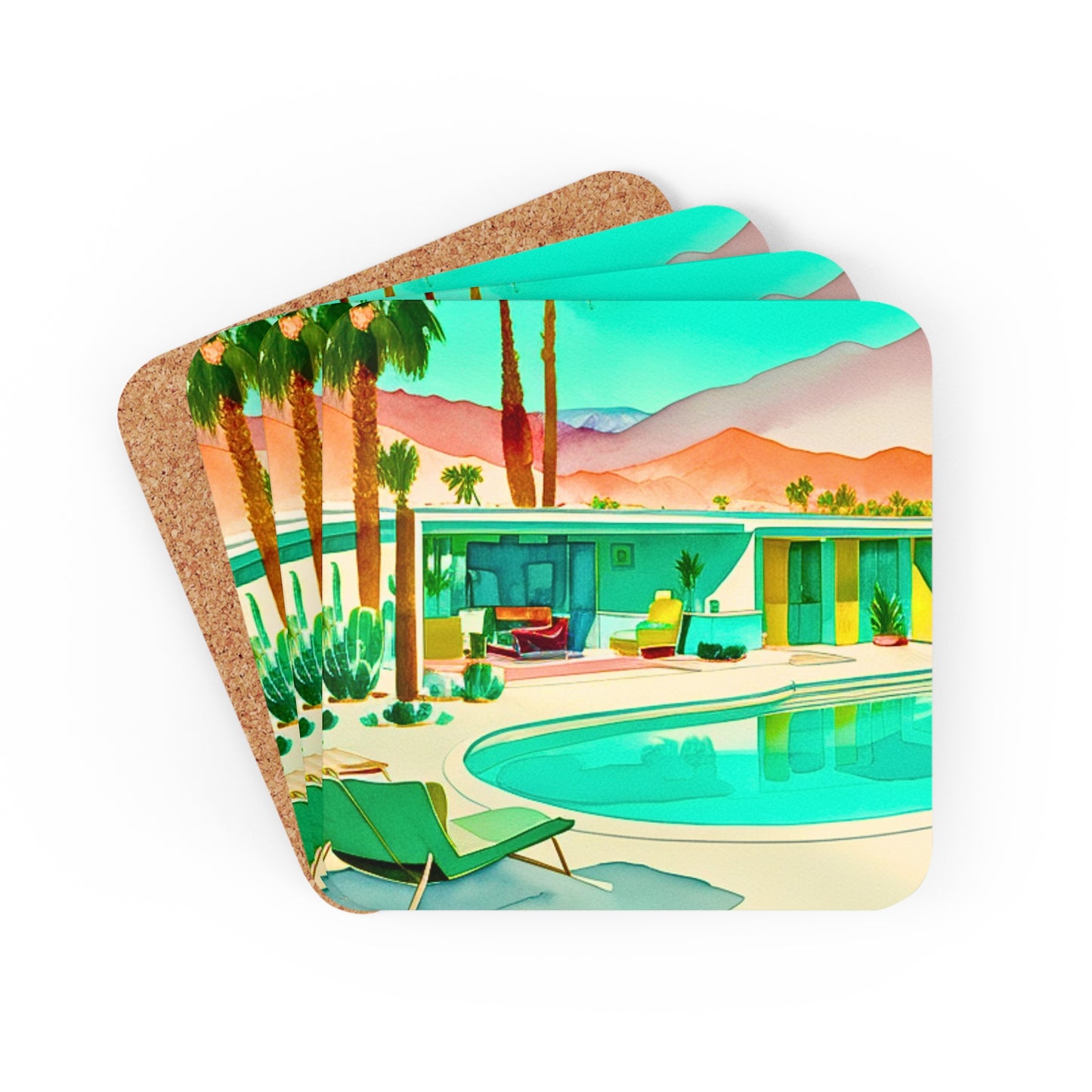 Weekend in the Palm Springs Desert Midcentury Modern Motel Cocktail Party Entertaining Corkwood Coaster Set