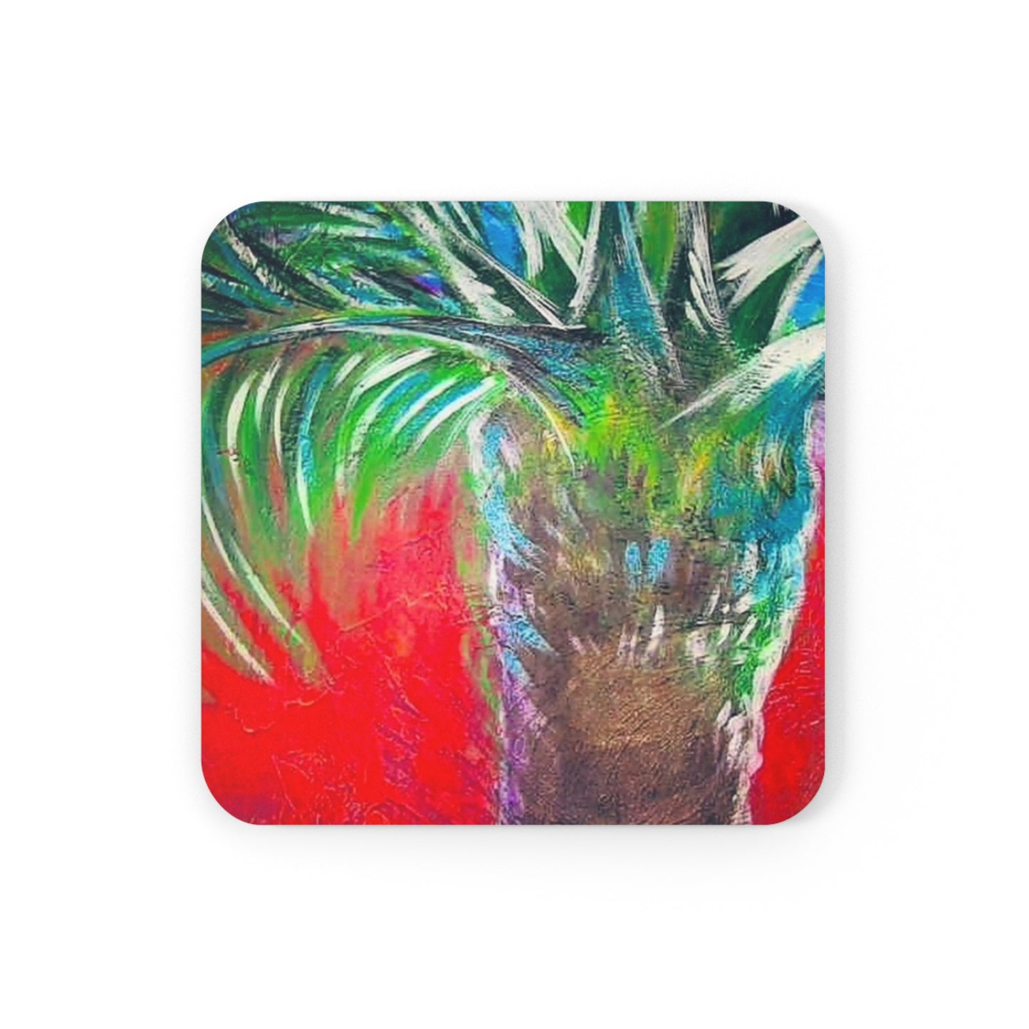 Island Coastal Tropical Palm Painterly Cocktail Beverage Entertaining Corkwood Coaster Set