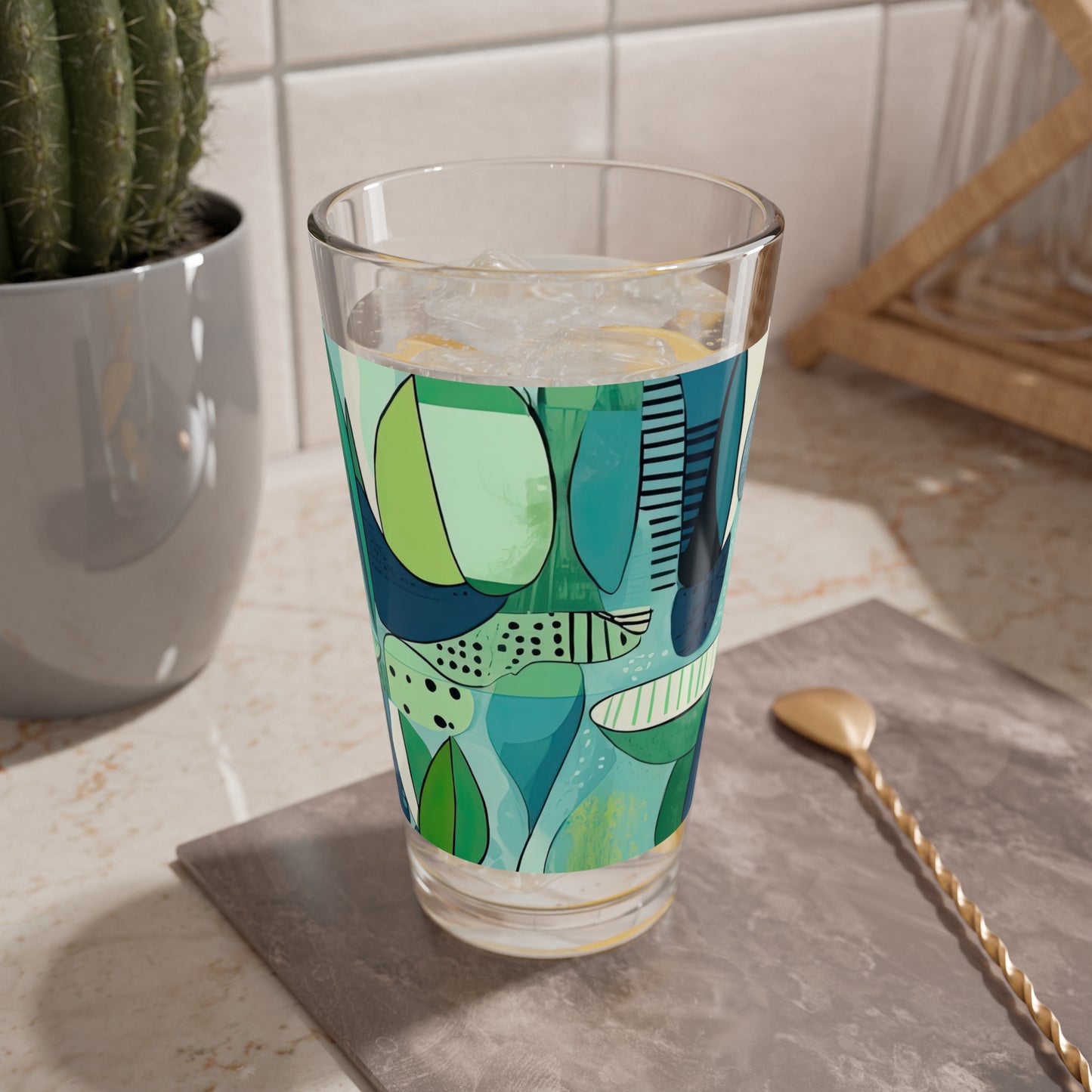 Cubist Garden Midcentury Modern Blue Green Cocktail Party Beverage Juice Tea Entertaining Mixing Glass, 16oz