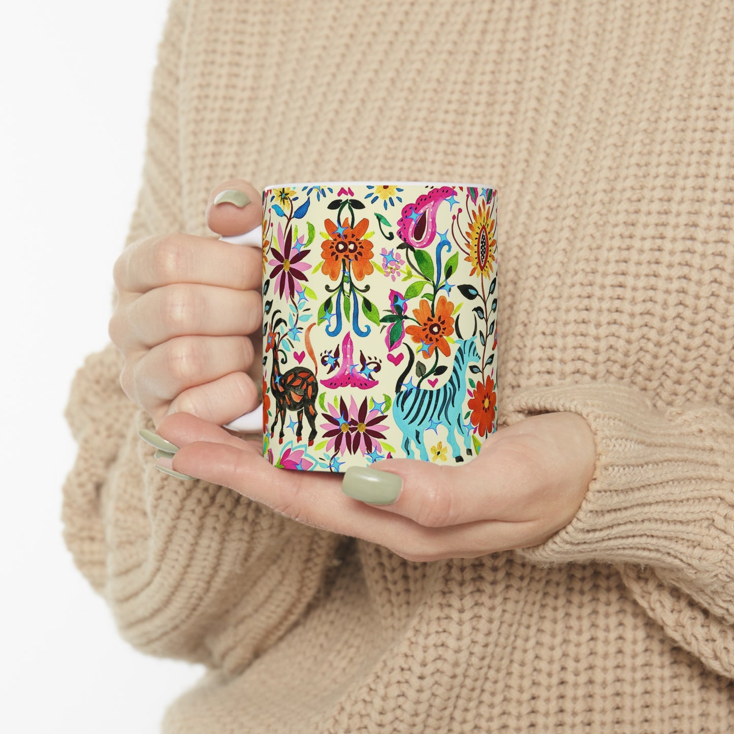 Festival of Springtime Folklore Floral Otomi Decorative Hot Beverage Coffee Tea Chia Ceramic Mug 11oz