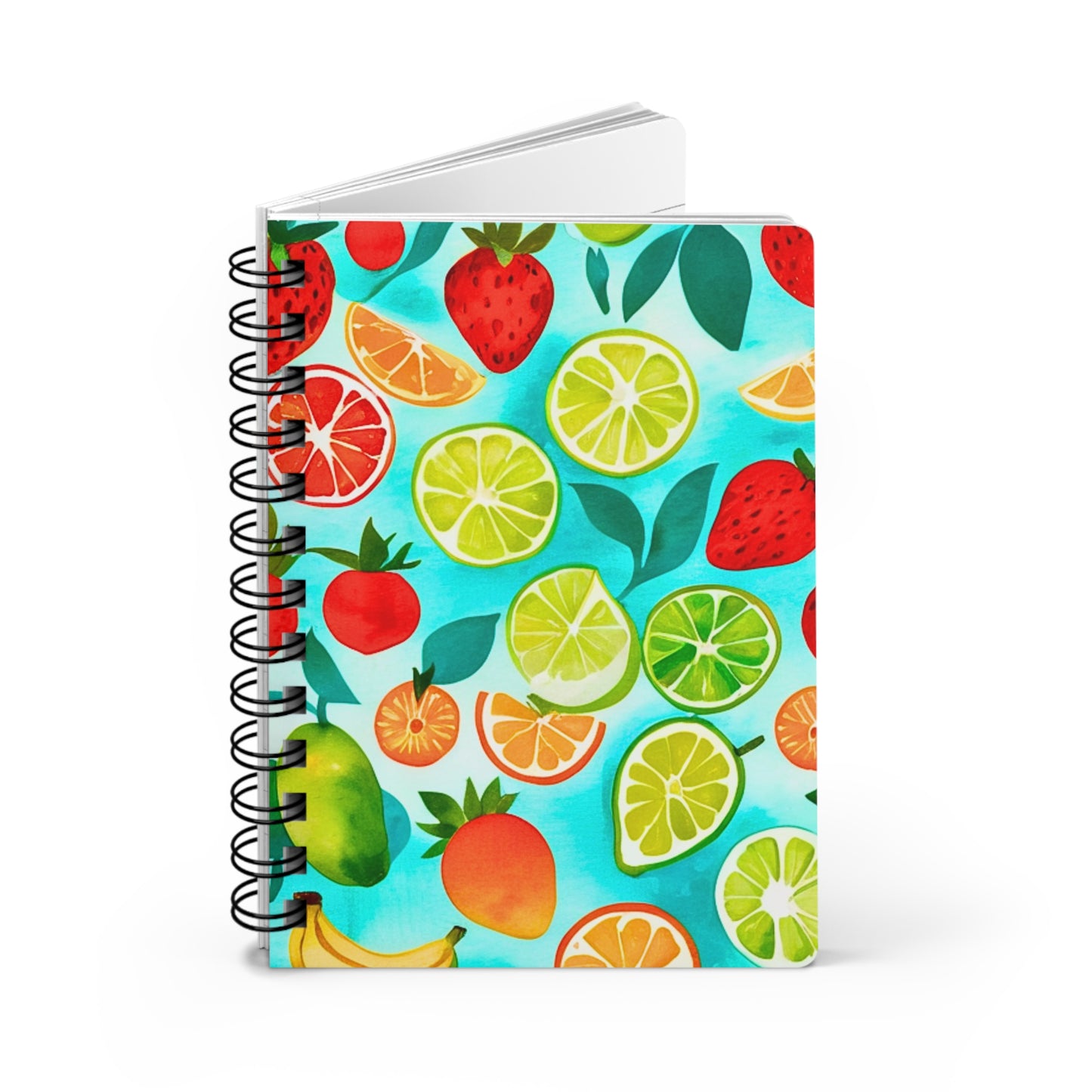 Summer Recipes Planner Watercolor Strawberries Limes Oranges Turquoise Midcentury Modern Writing Spiral Bound Journal