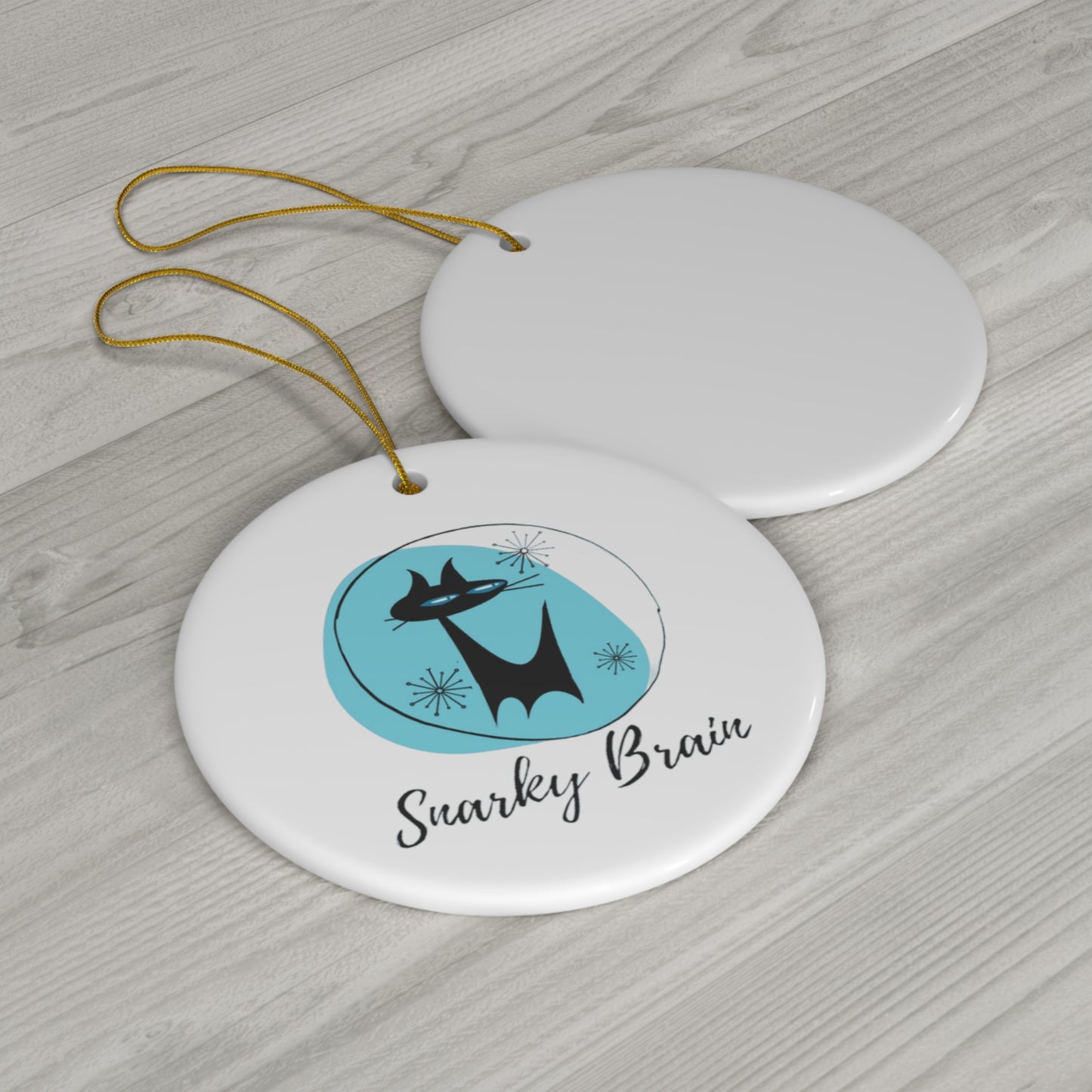 Snarky Brain Logo Midcentury Modern Black Atomic Cat Turquoise Decorative Ceramic Ornament