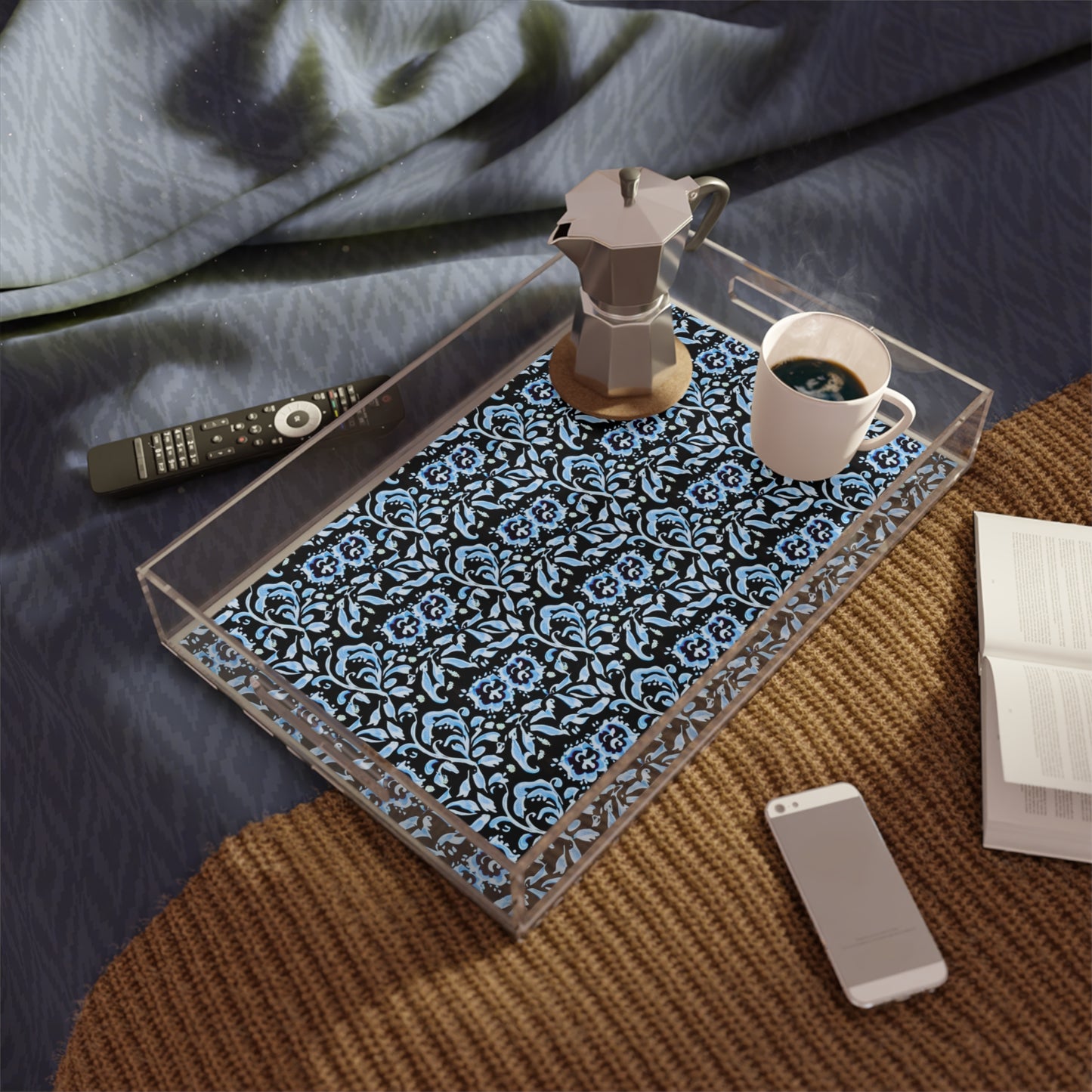 Blue Tropical Island Flower Batik Pattern Cocktail Patio Party Acrylic Serving Tray