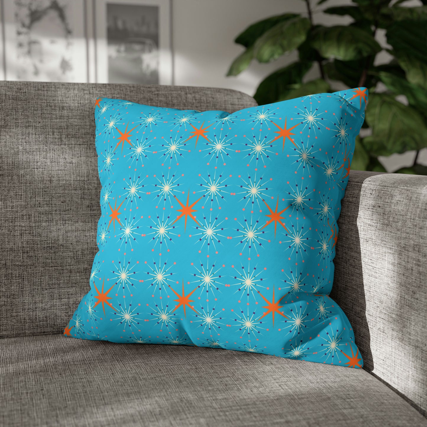 Midcentury Modern Atomic Stars Turquoise Pattern Decorative Spun Polyester Pillow Cover