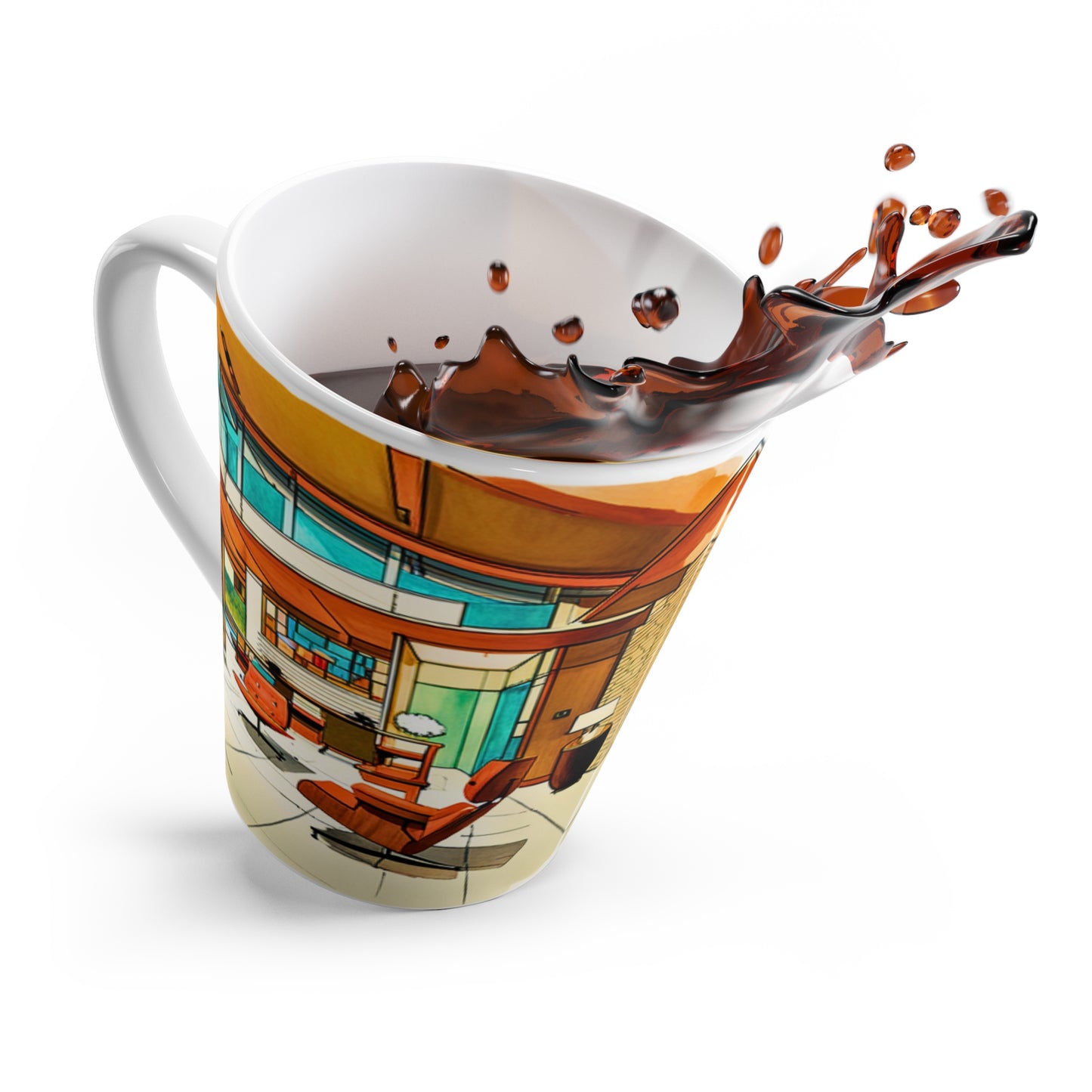 Atrium Sunroom Midcentury Modern Architect Interior Designer Rendering Turquoise Hot Beverage Cappuccino Tea Latte Mug