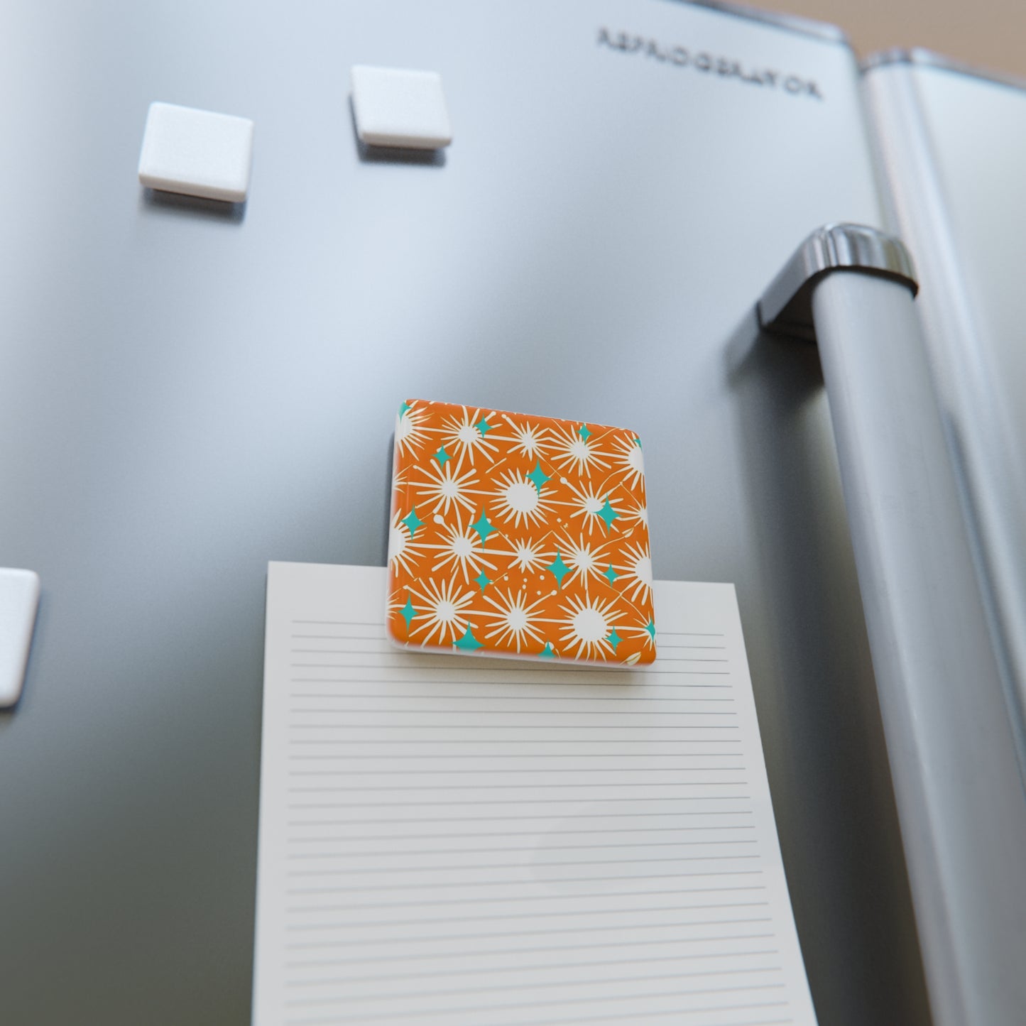 Midcentury Modern Starbursts Orange Porcelain Magnet, Square