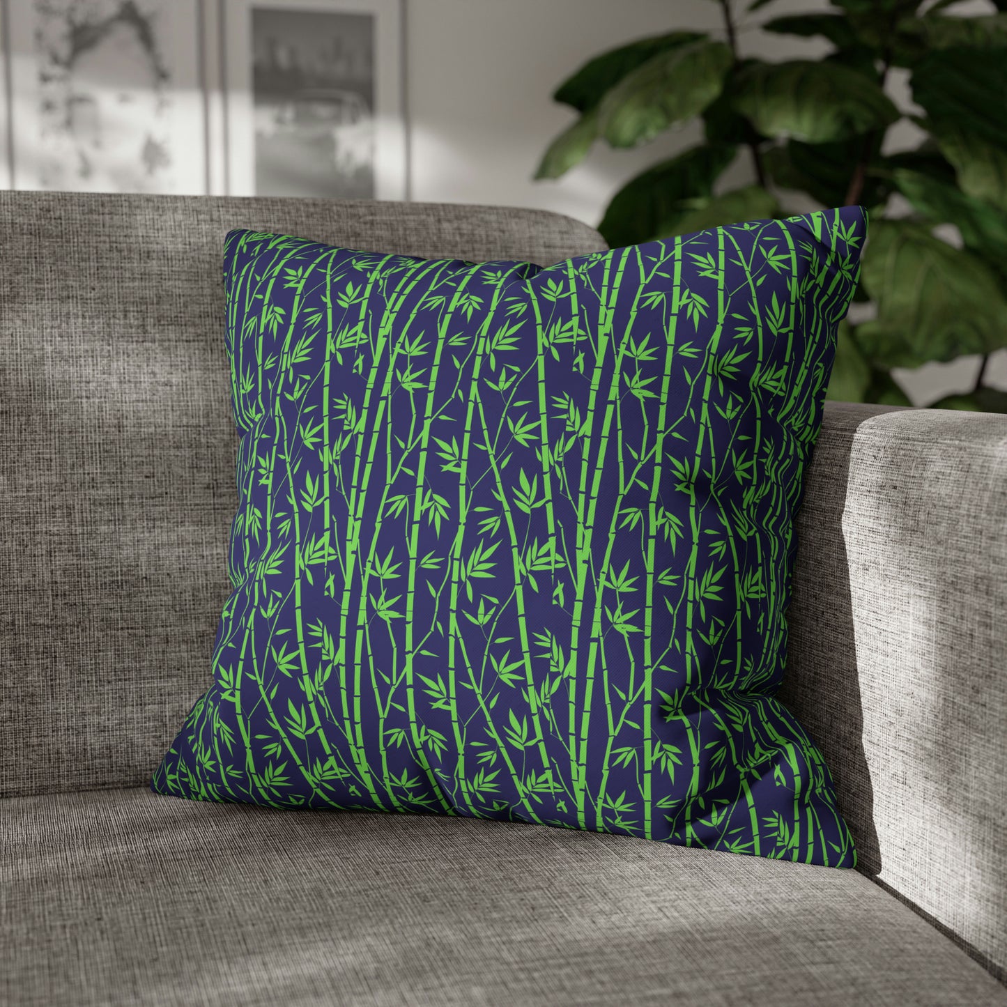 Bamboo Zen Meditation Garden Midnight Blue/Black Decorative Spun Polyester Pillow Cover