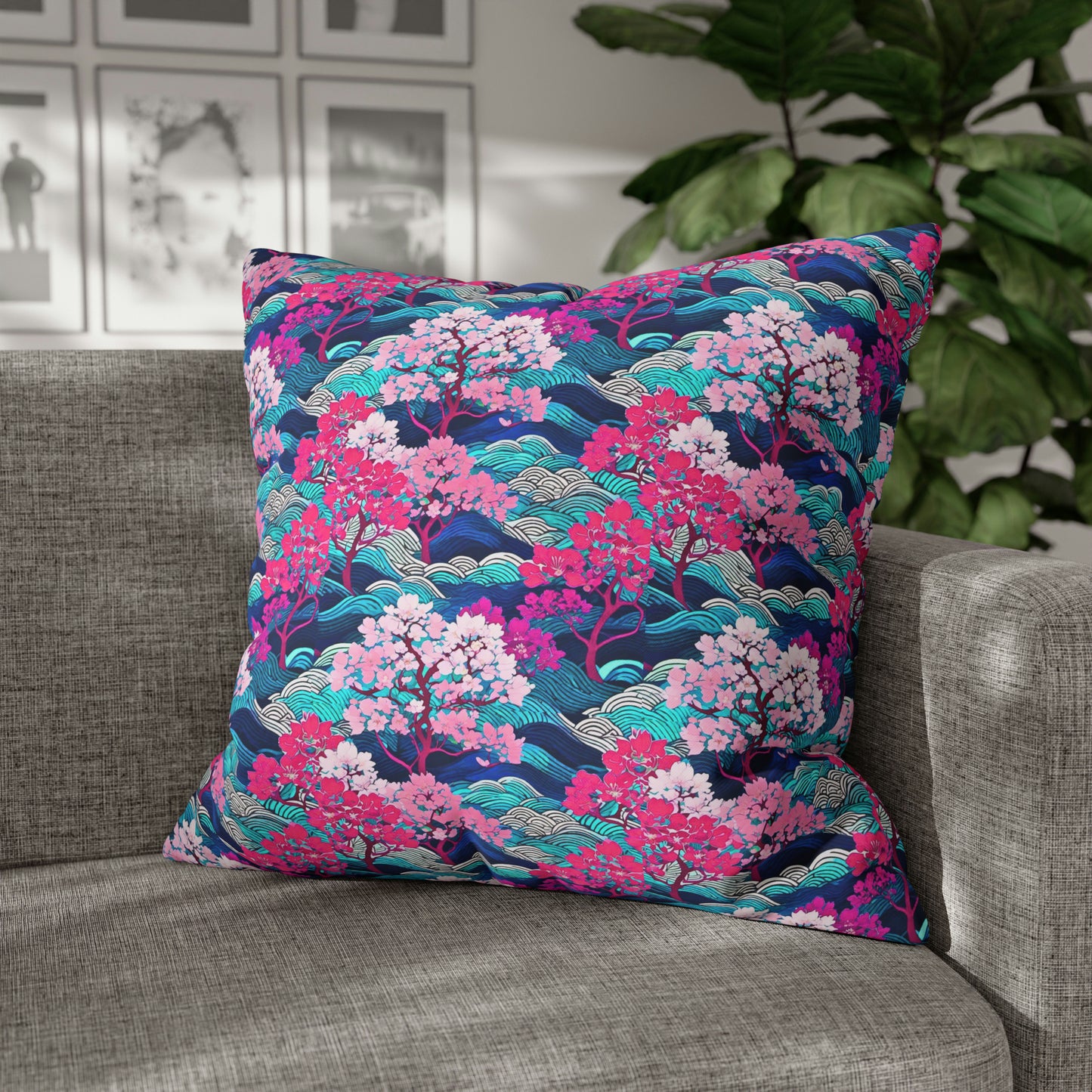 Kyoto Cherry Blossom Wood Block Pattern Japanese Home Decorative Spun Polyester Pillow Cover