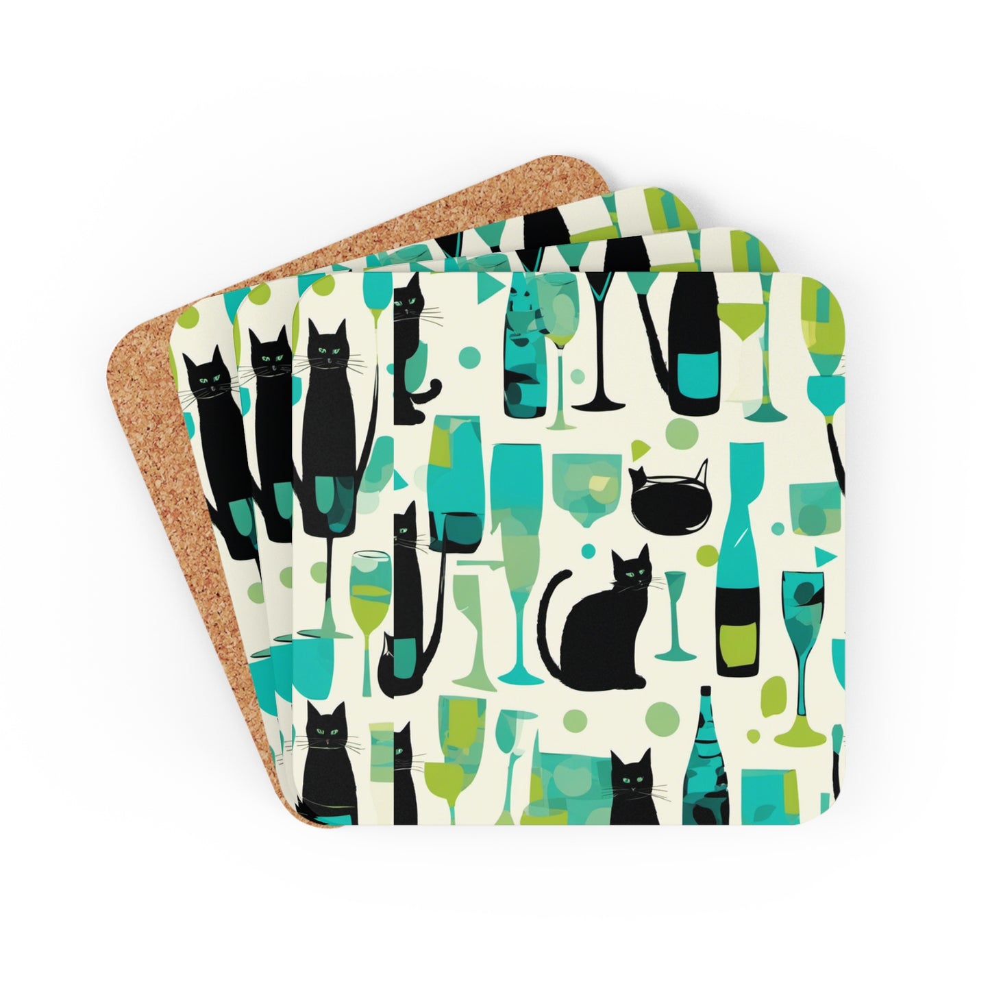 Cocktail Time Darling Midcentury Modern Atomic Black Cat Cocktail Party Beverage Entertaining Decorative Corkwood Coaster Set
