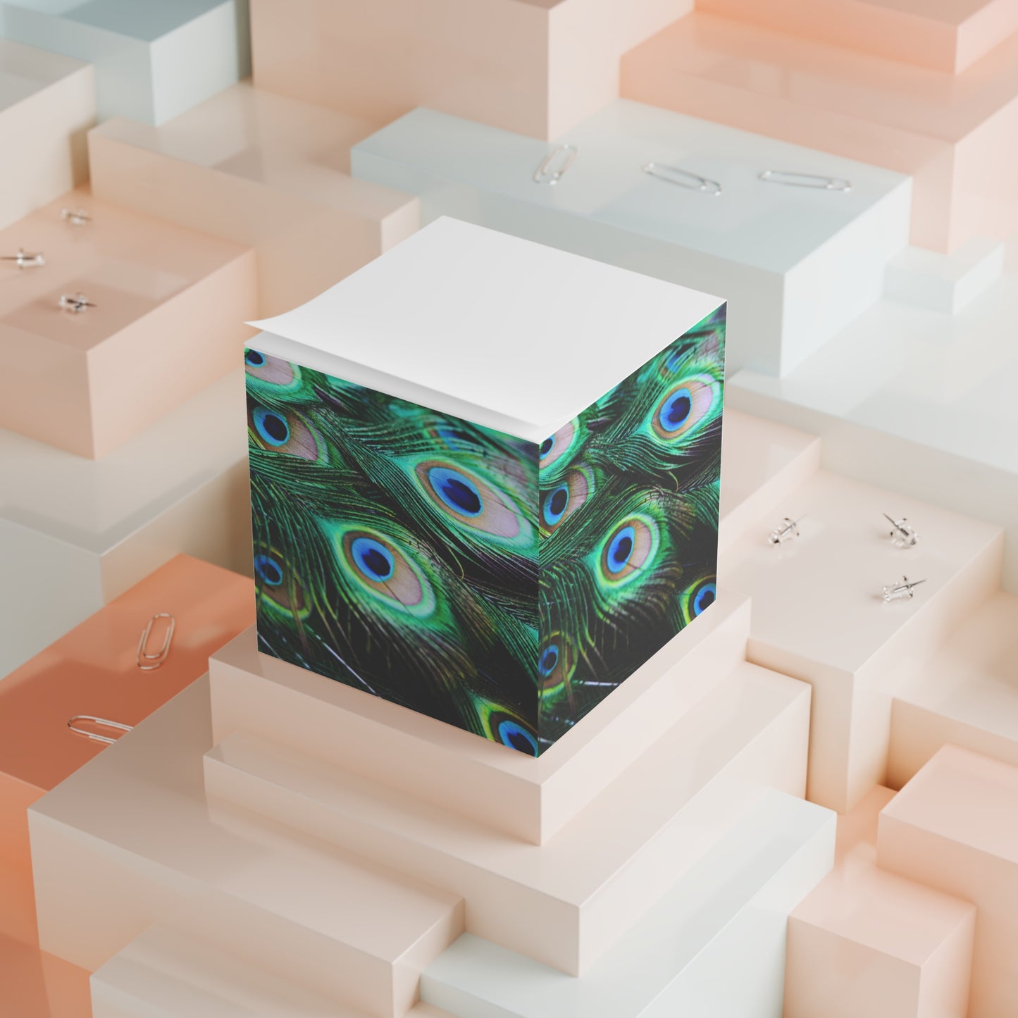 Peacock Plume Feather Multi Decorative Paper Note Cube