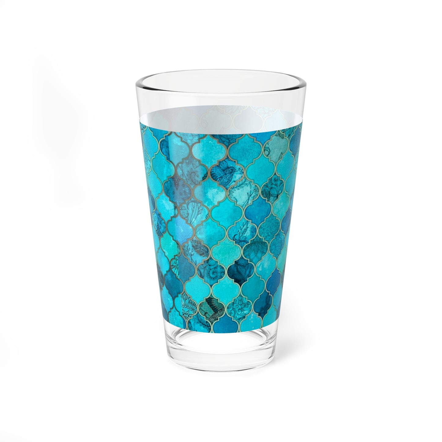 Teal and Turquoise Arabesque Tile Marrakech Moroccan Cocktail Party Beverage Entertaining Mixing Glass, 16oz