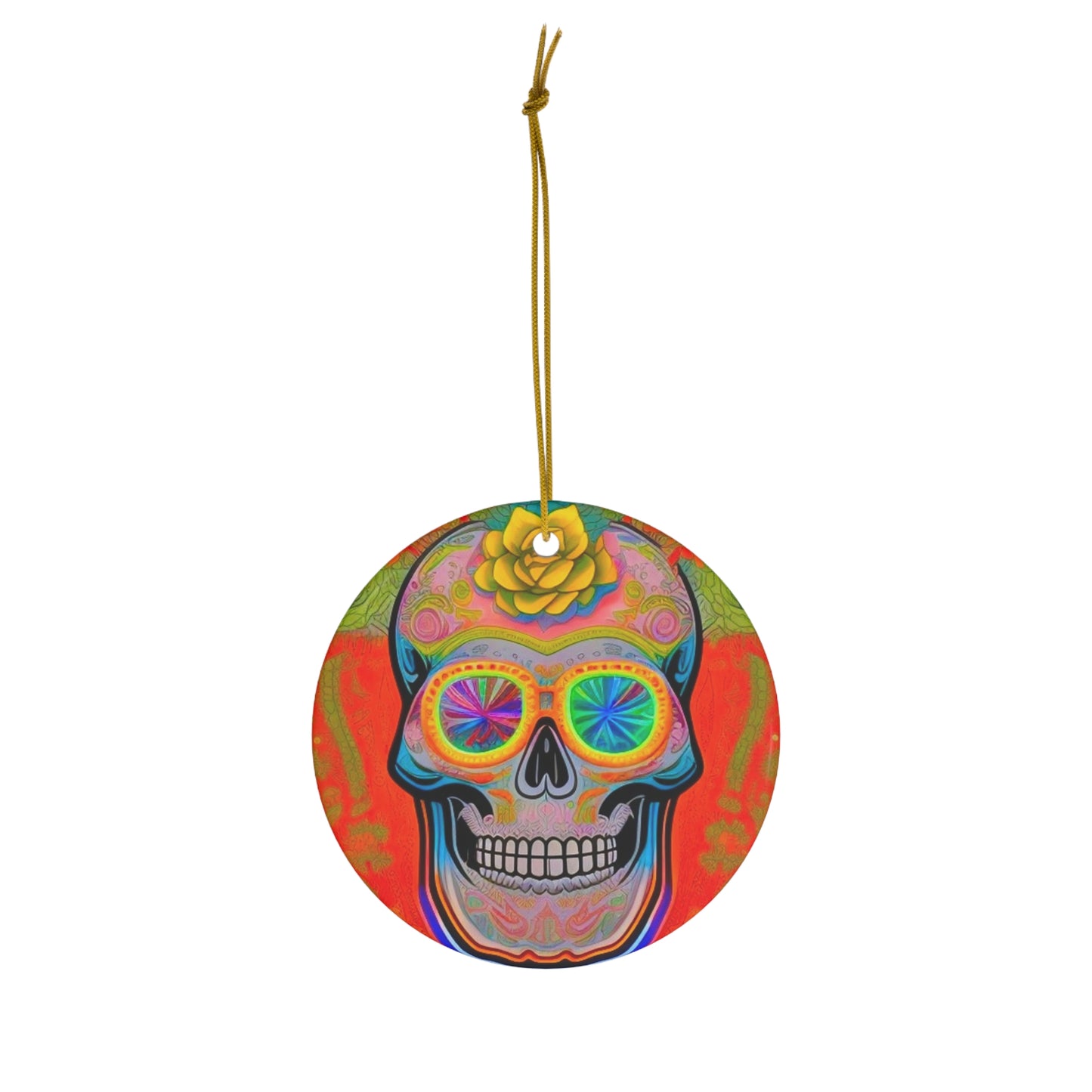 High Vibrations Skeleton Sugar Skull Neon Ceramic Ornament