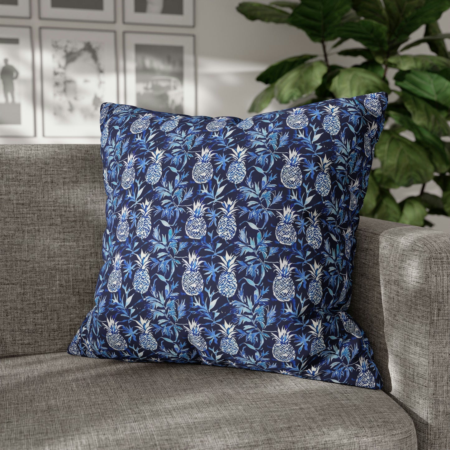 Blue and White Pineapple Batik Decorative Square Poly Canvas Pillow Cover