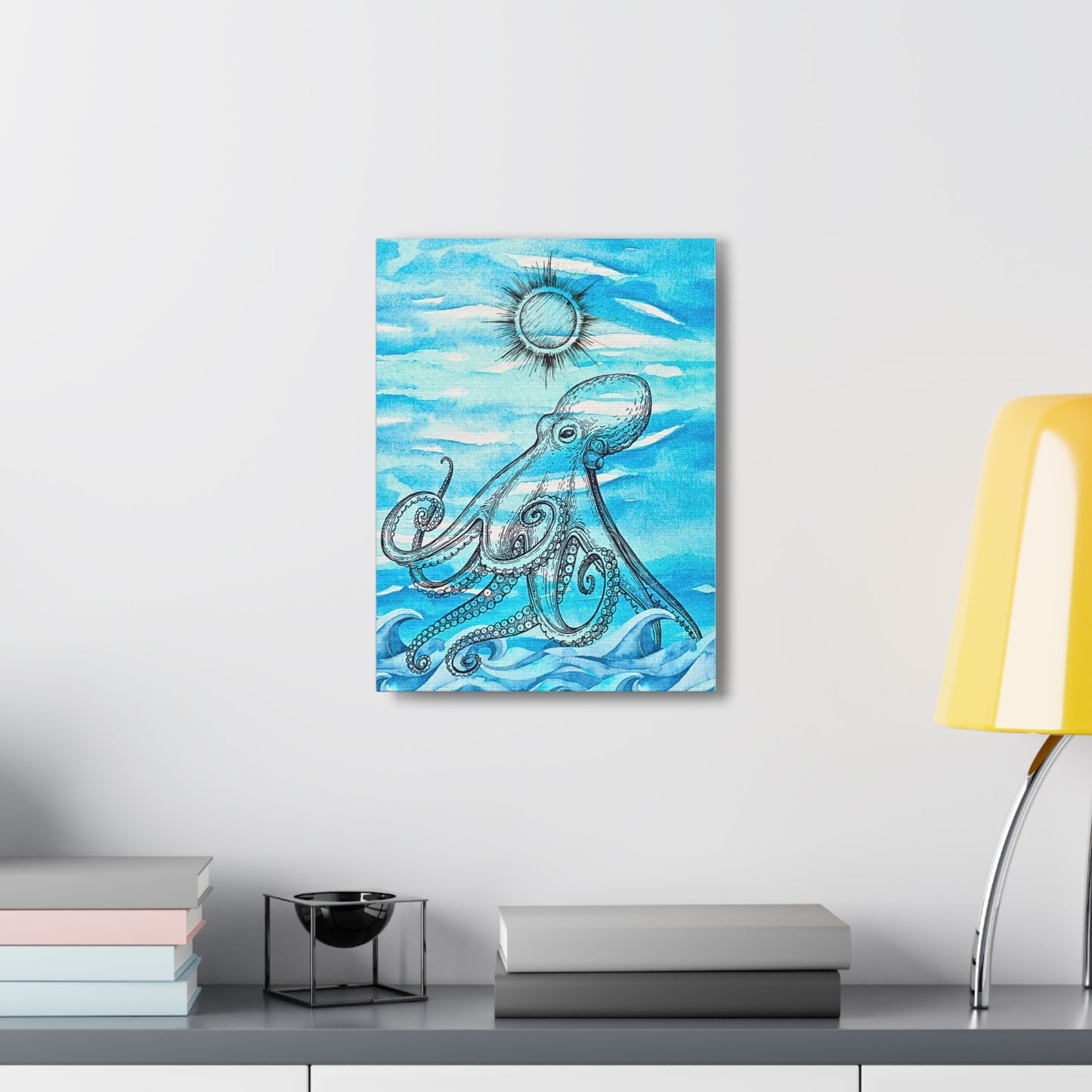 Coastal Summer Octopus Watercolor Art Canvas Gallery Wraps